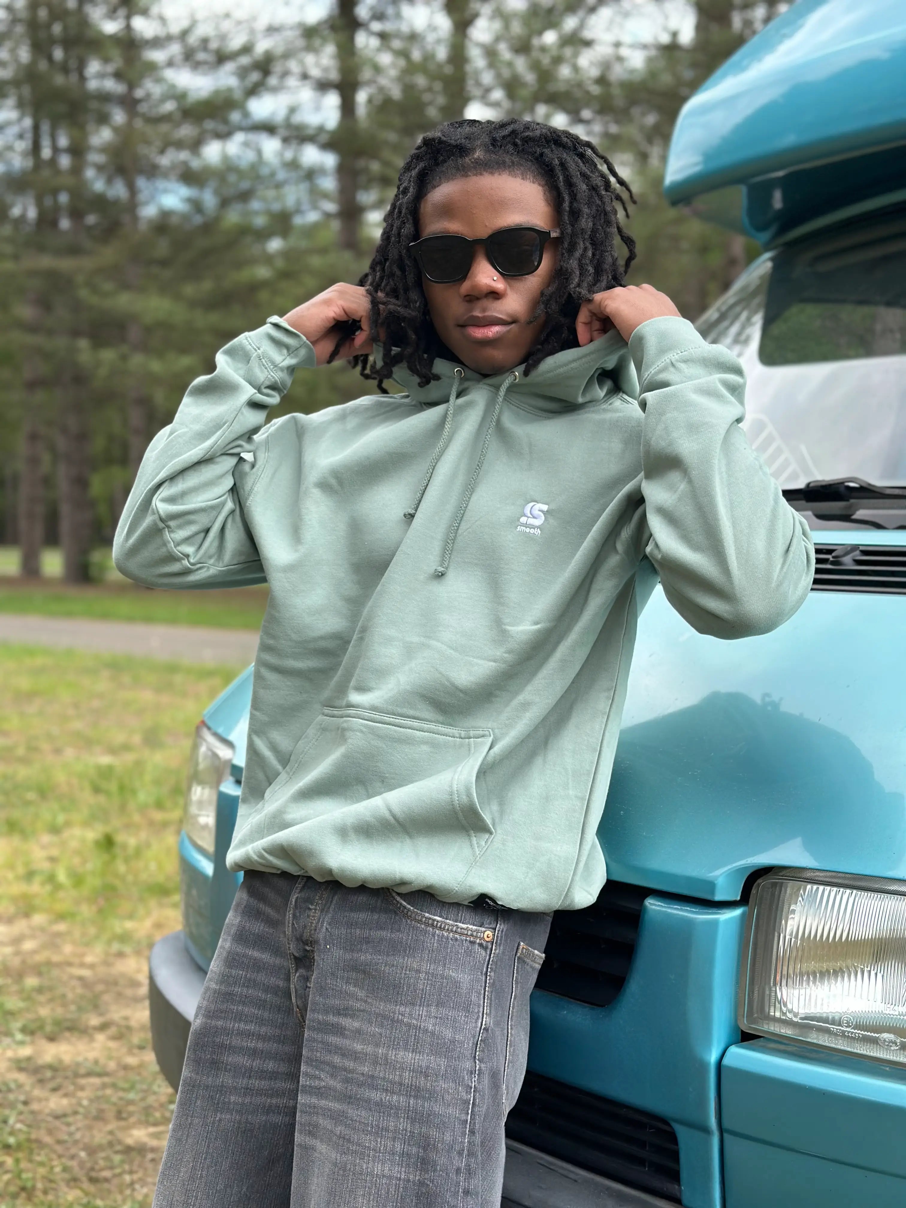 Dusty Green Summer Hoodie / S Embroidered White Men