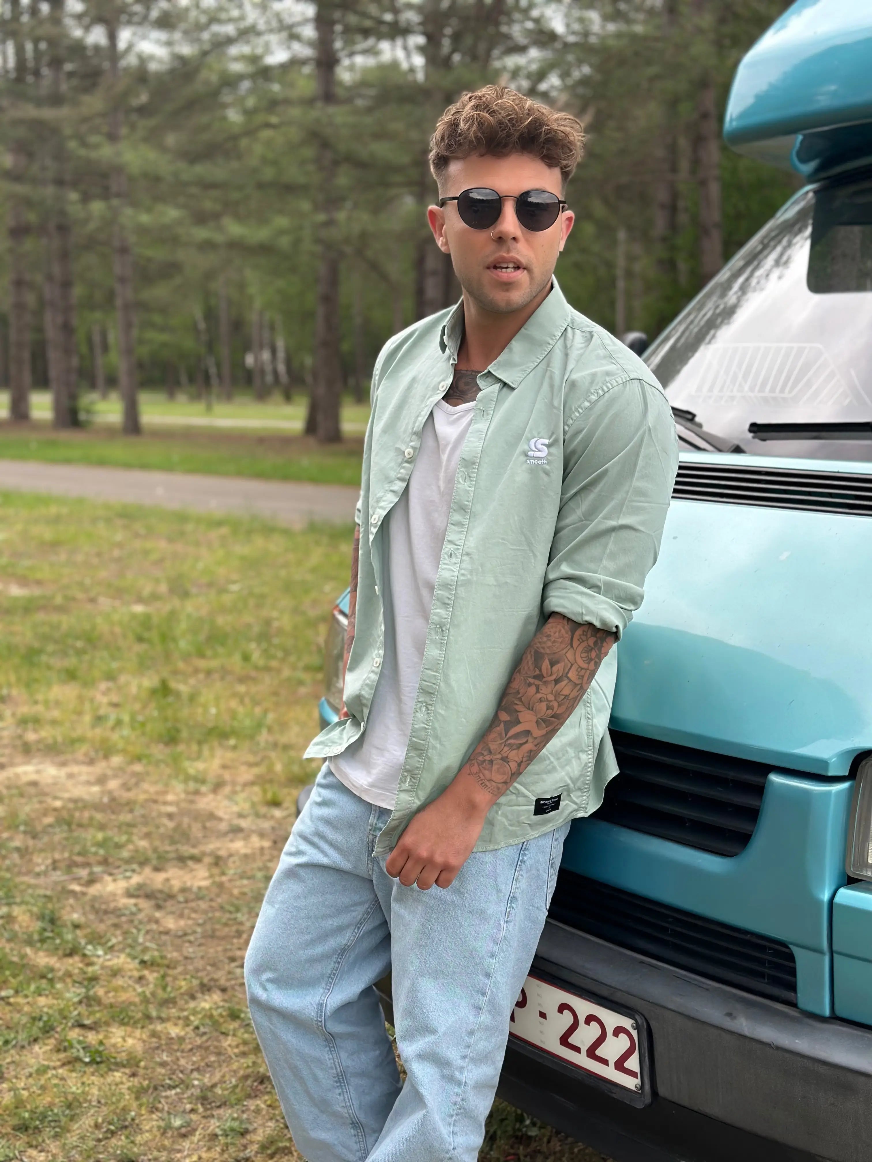 Washed Dusty Green Shirt / S Embroidered White Men