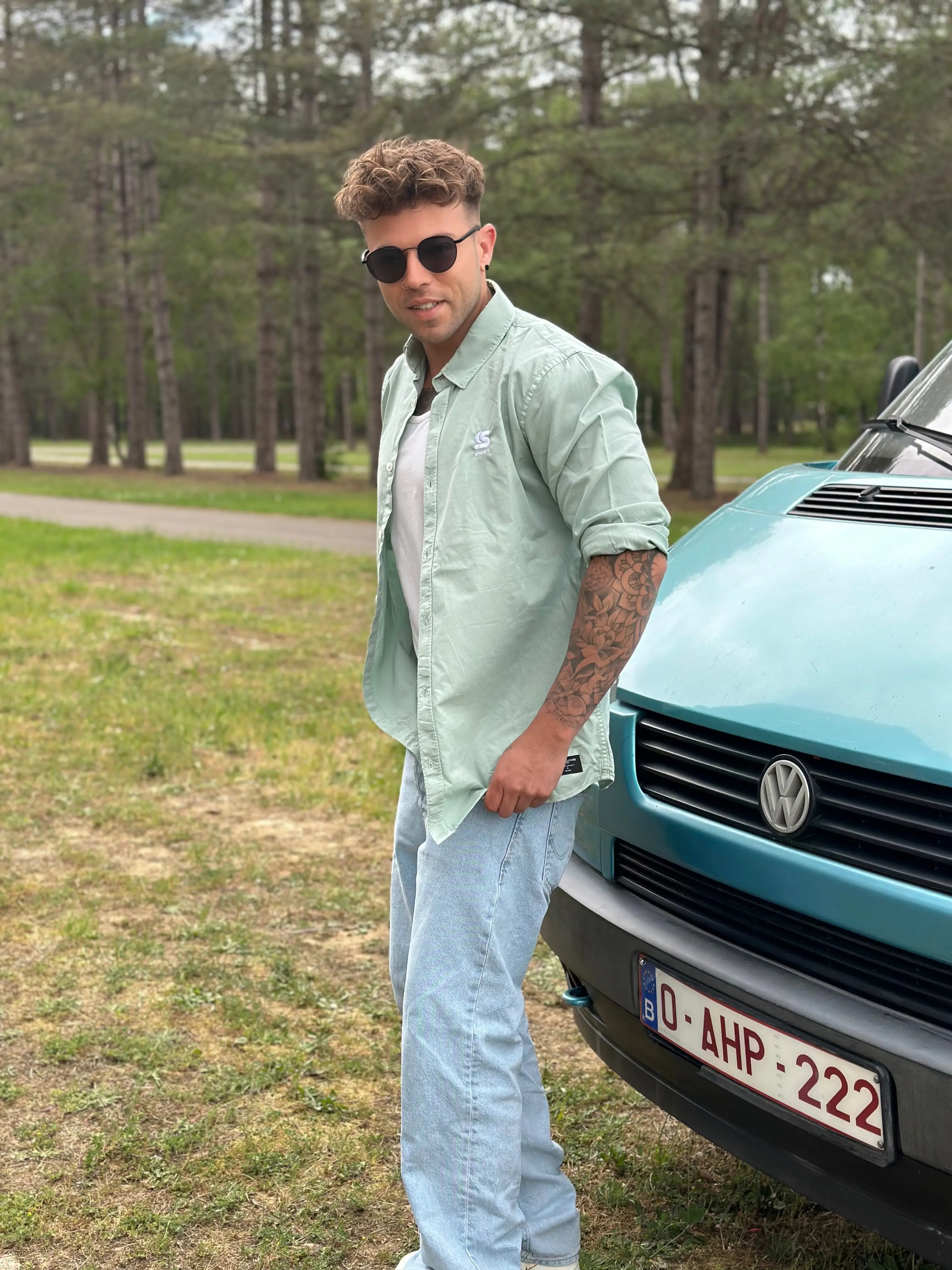 Washed Dusty Green Shirt / S Embroidered White Men