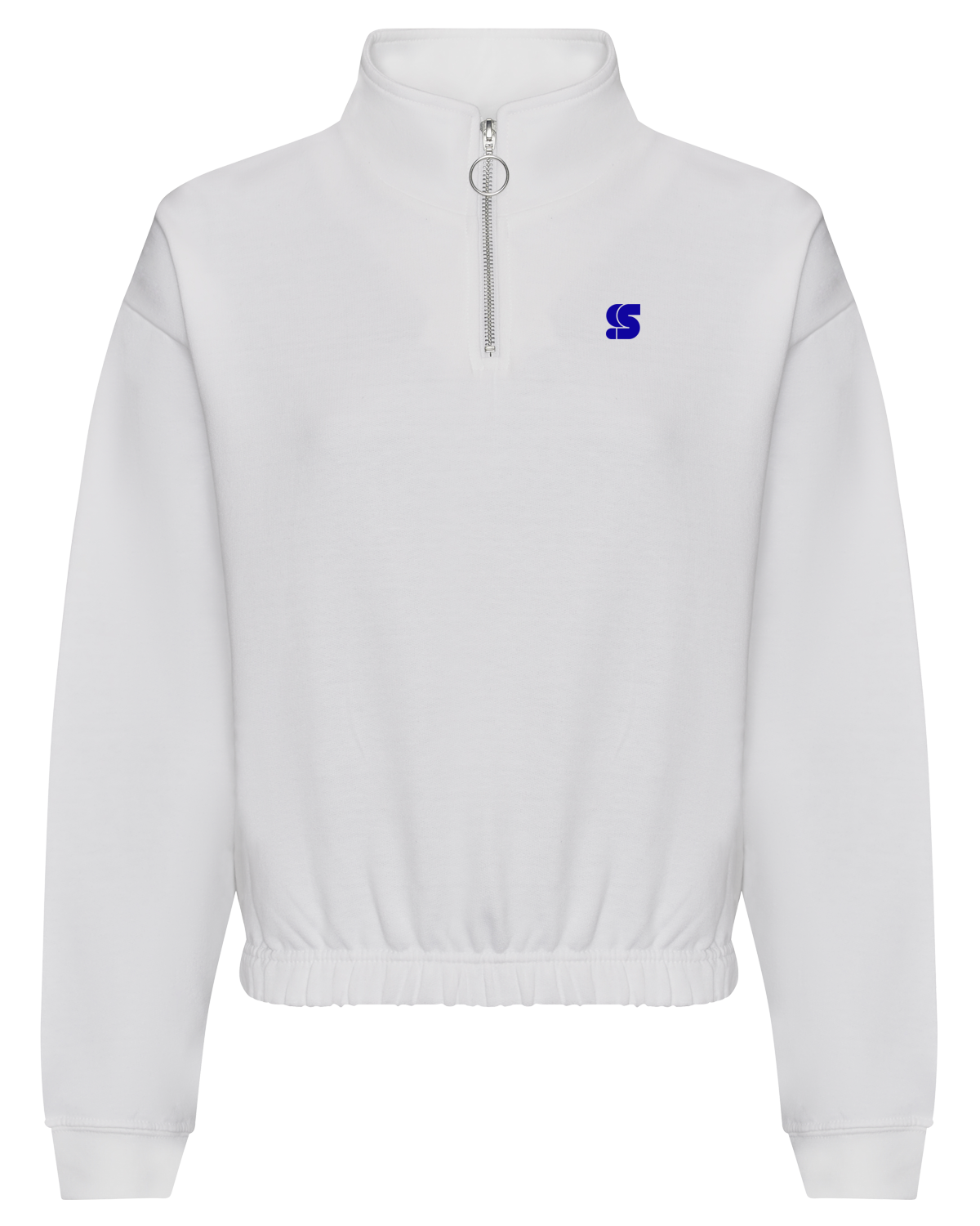 White Cropped Half Zip Crew / S Logo Blue Embroidered Women