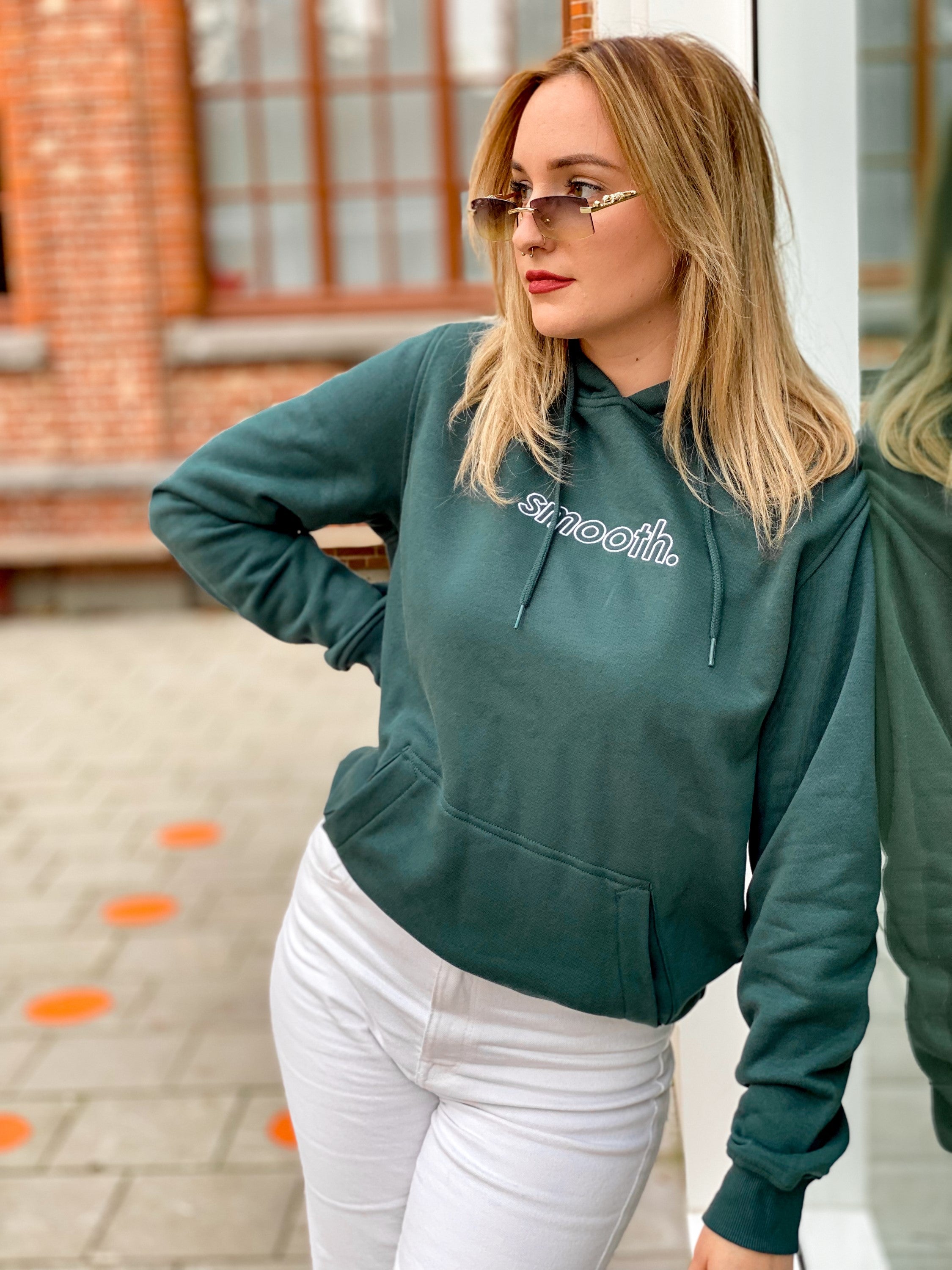 Bottle Green Hoodie / Outlined White Women