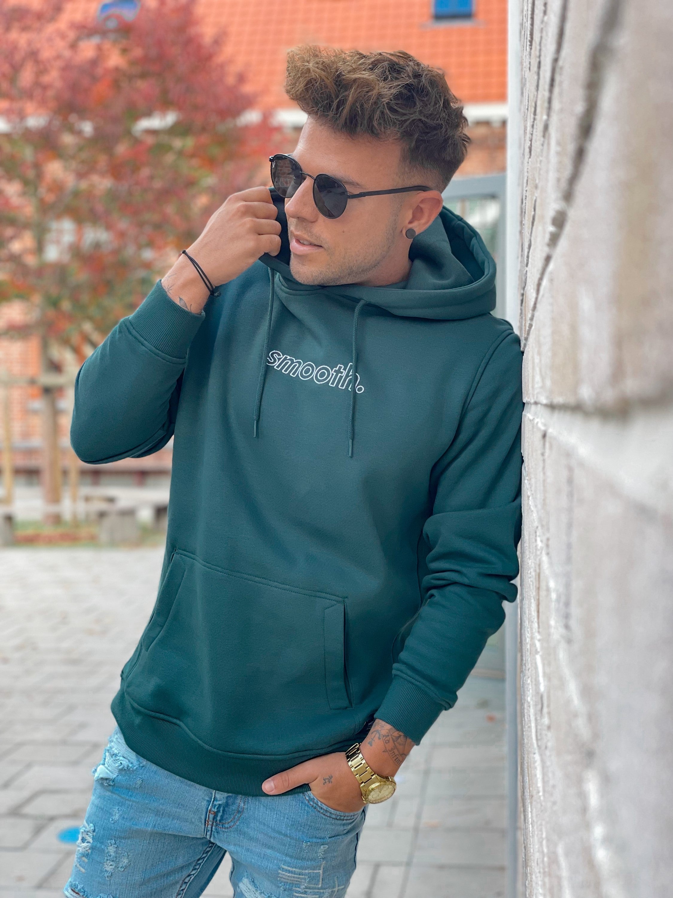 Bottle Green Hoodie / Outlined White Men