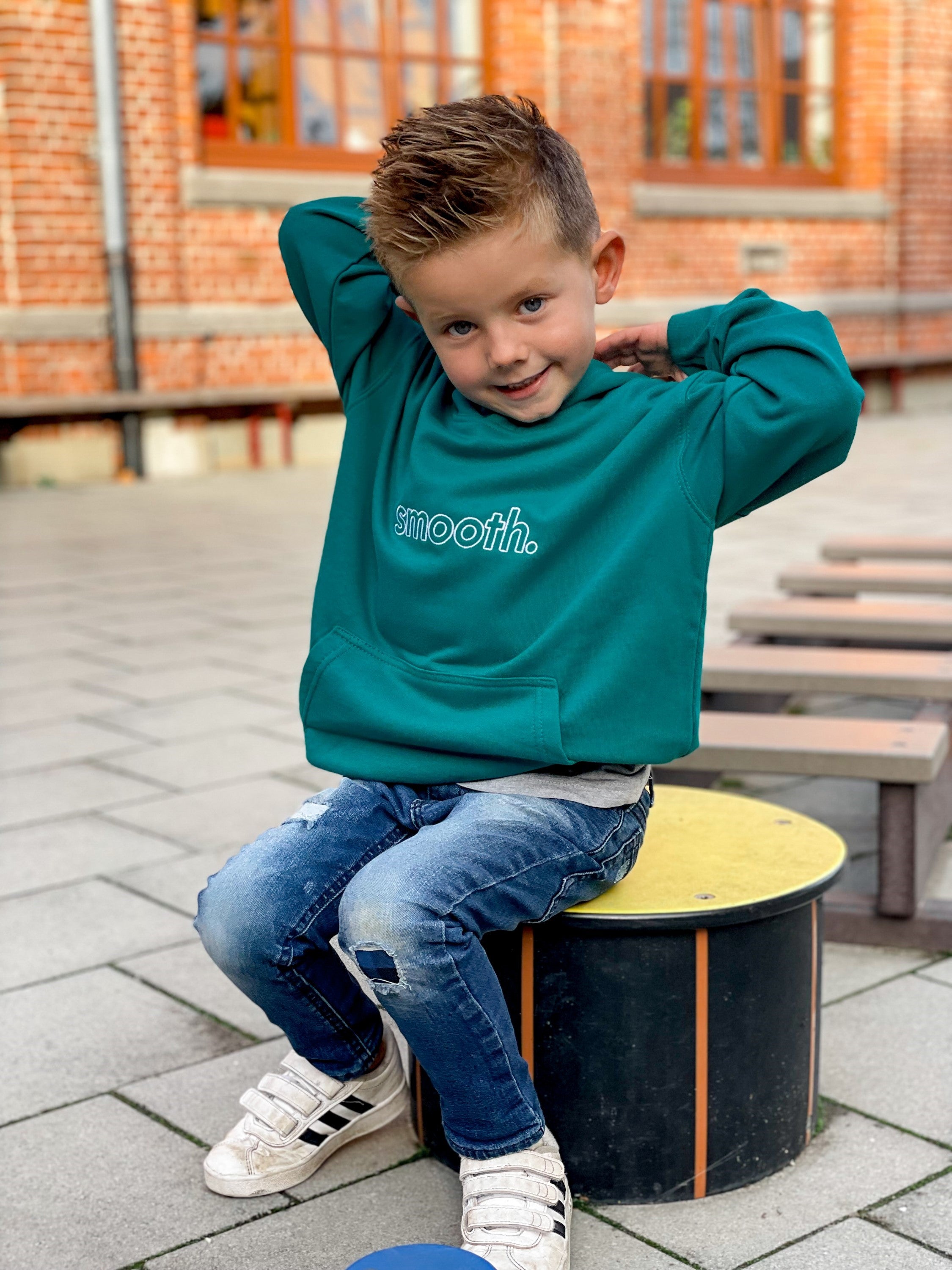 Bottle Green Kids Hoodie / Outlined White Boys
