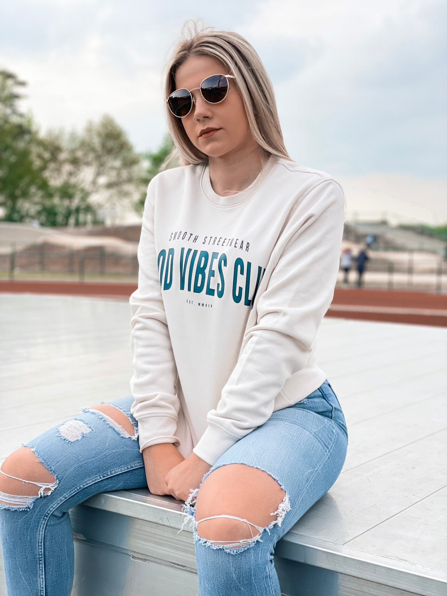 Vintage White Crew / Varsity Black Outline Women