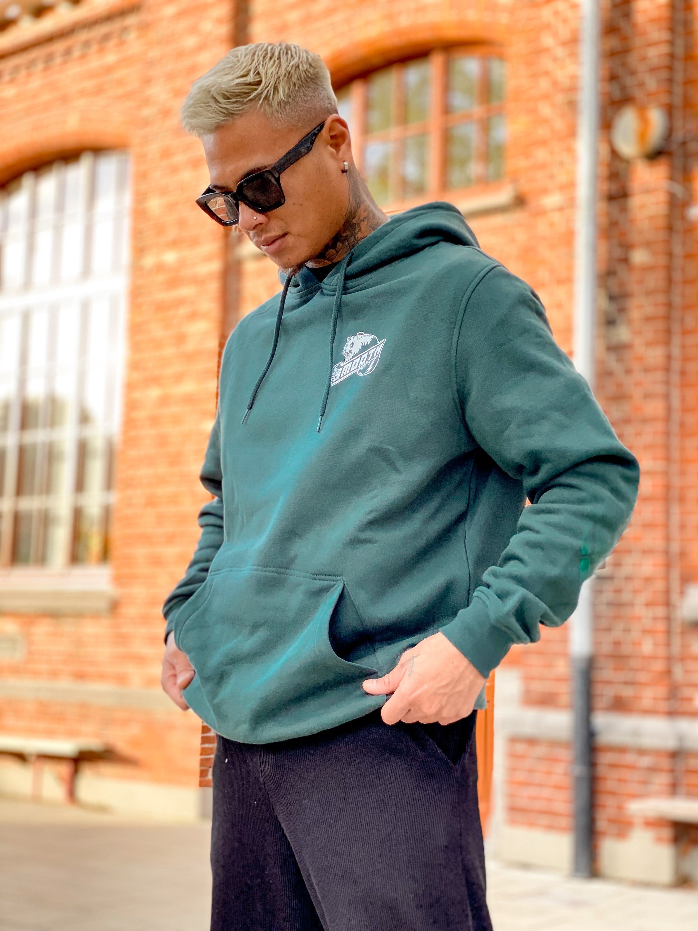 Bottle Green Hoodie / Bad Panda White Front+Back Men