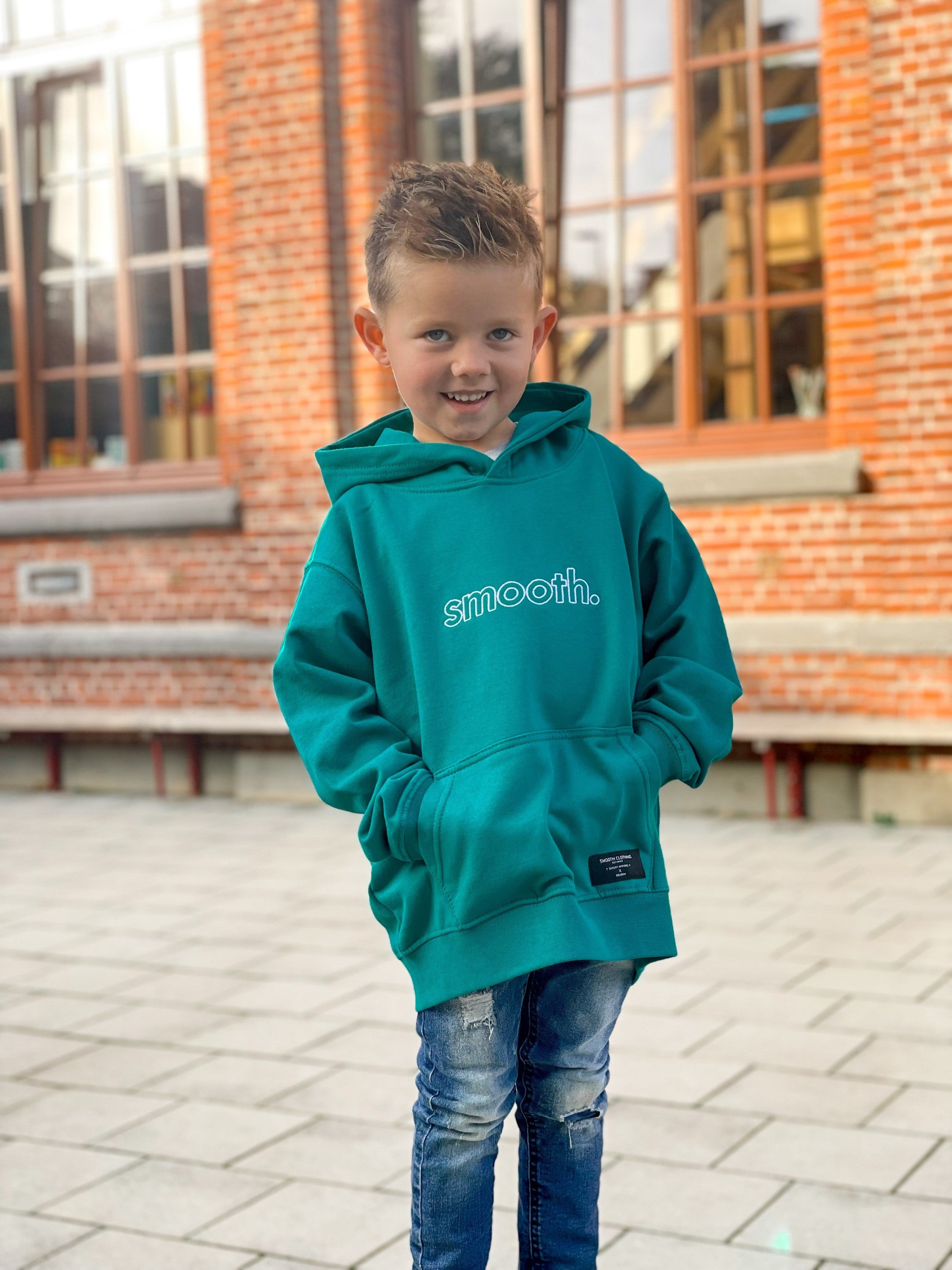 Bottle Green Kids Hoodie / Outlined White Boys