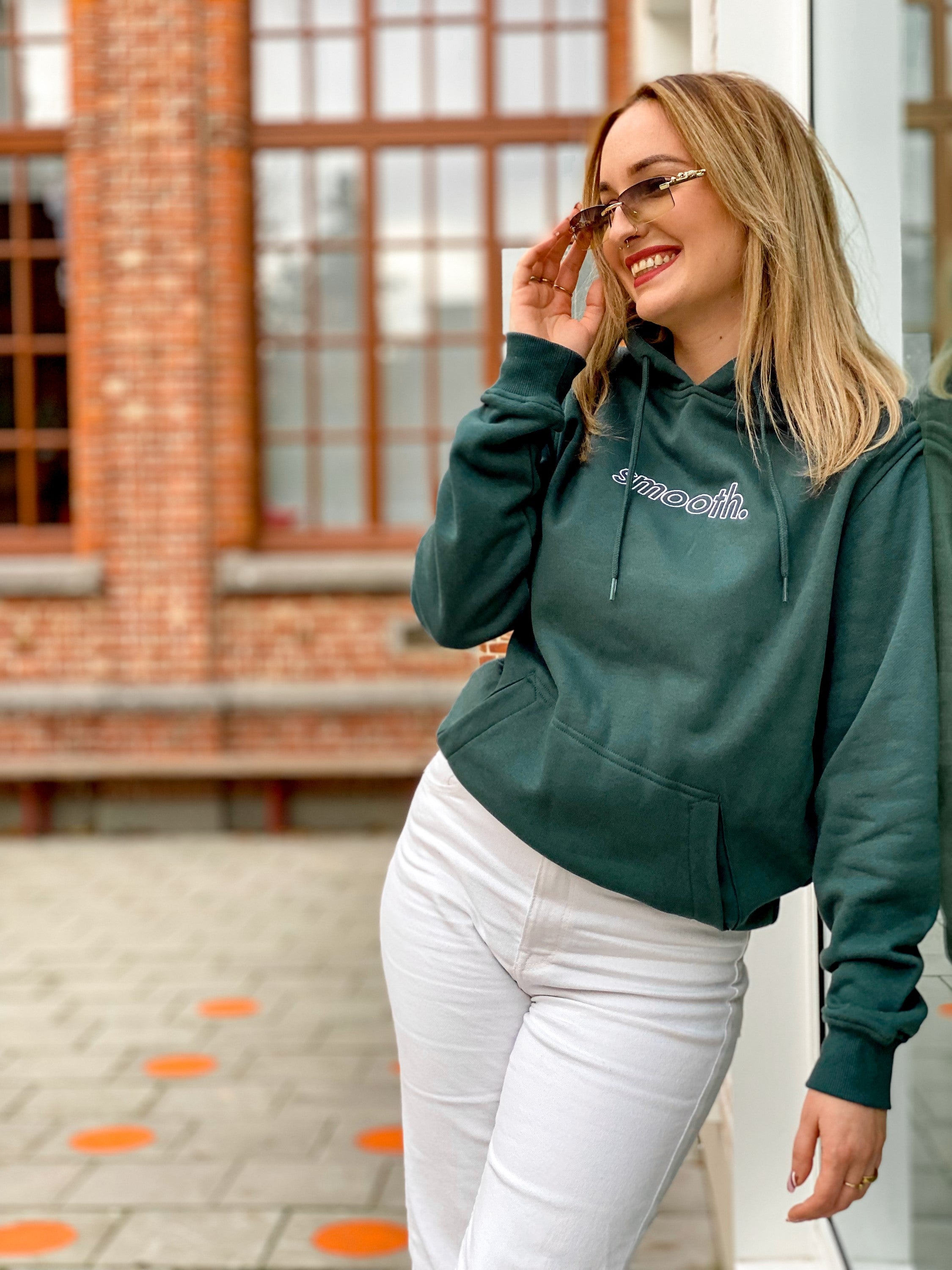 Bottle Green Hoodie / Outlined White Women