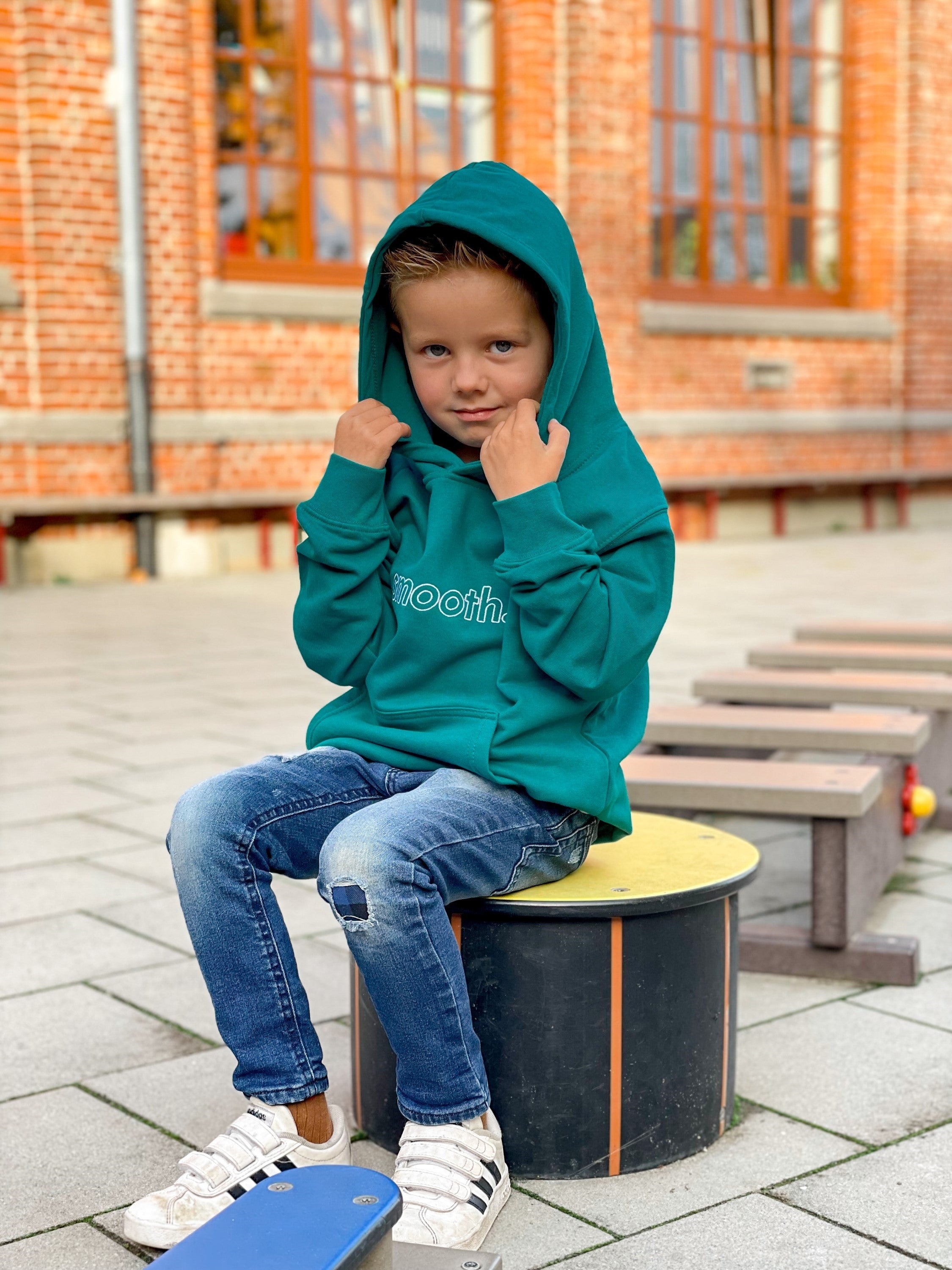 Bottle Green Kids Hoodie / Outlined White Boys