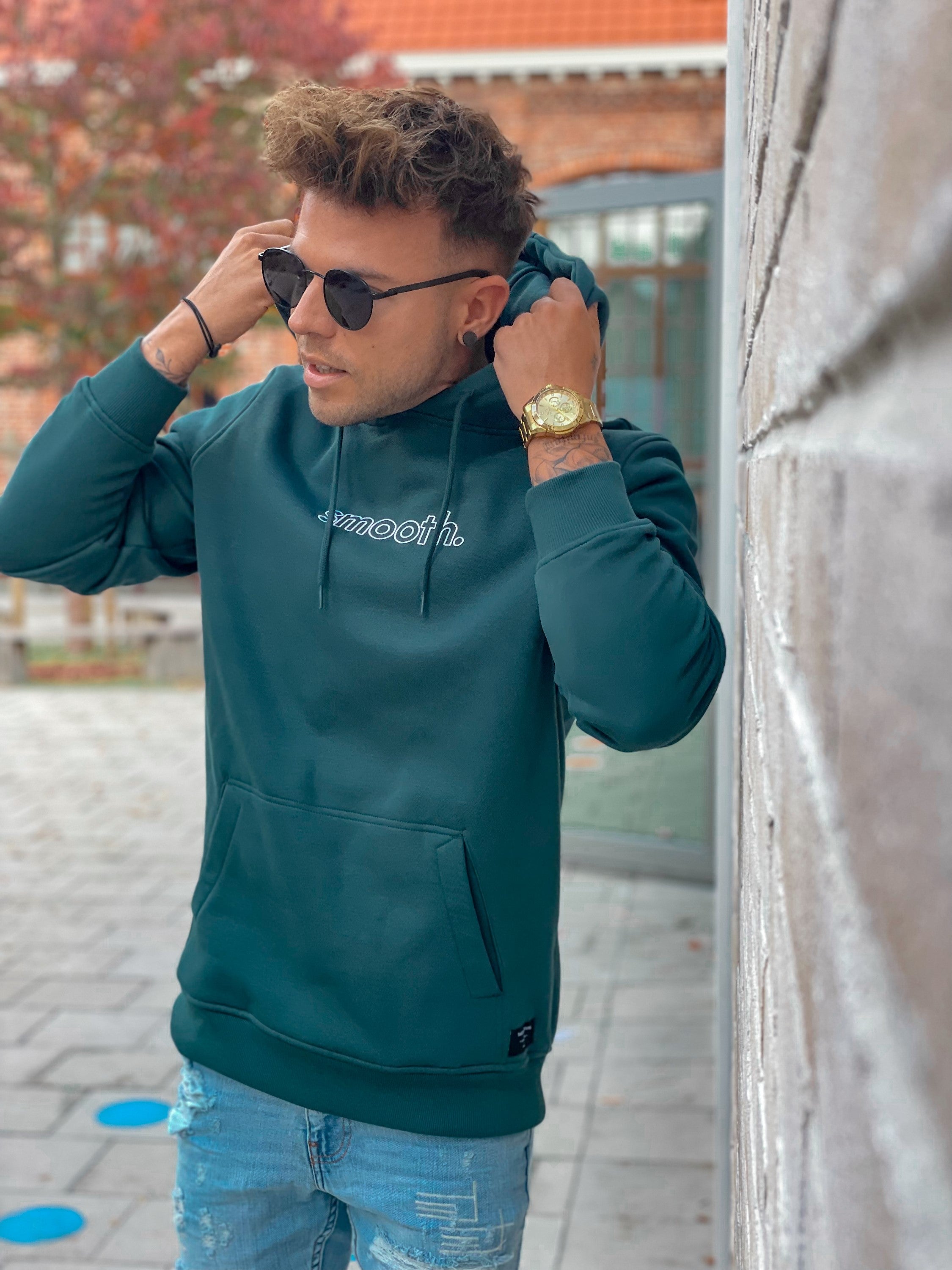Bottle Green Hoodie / Outlined White Men