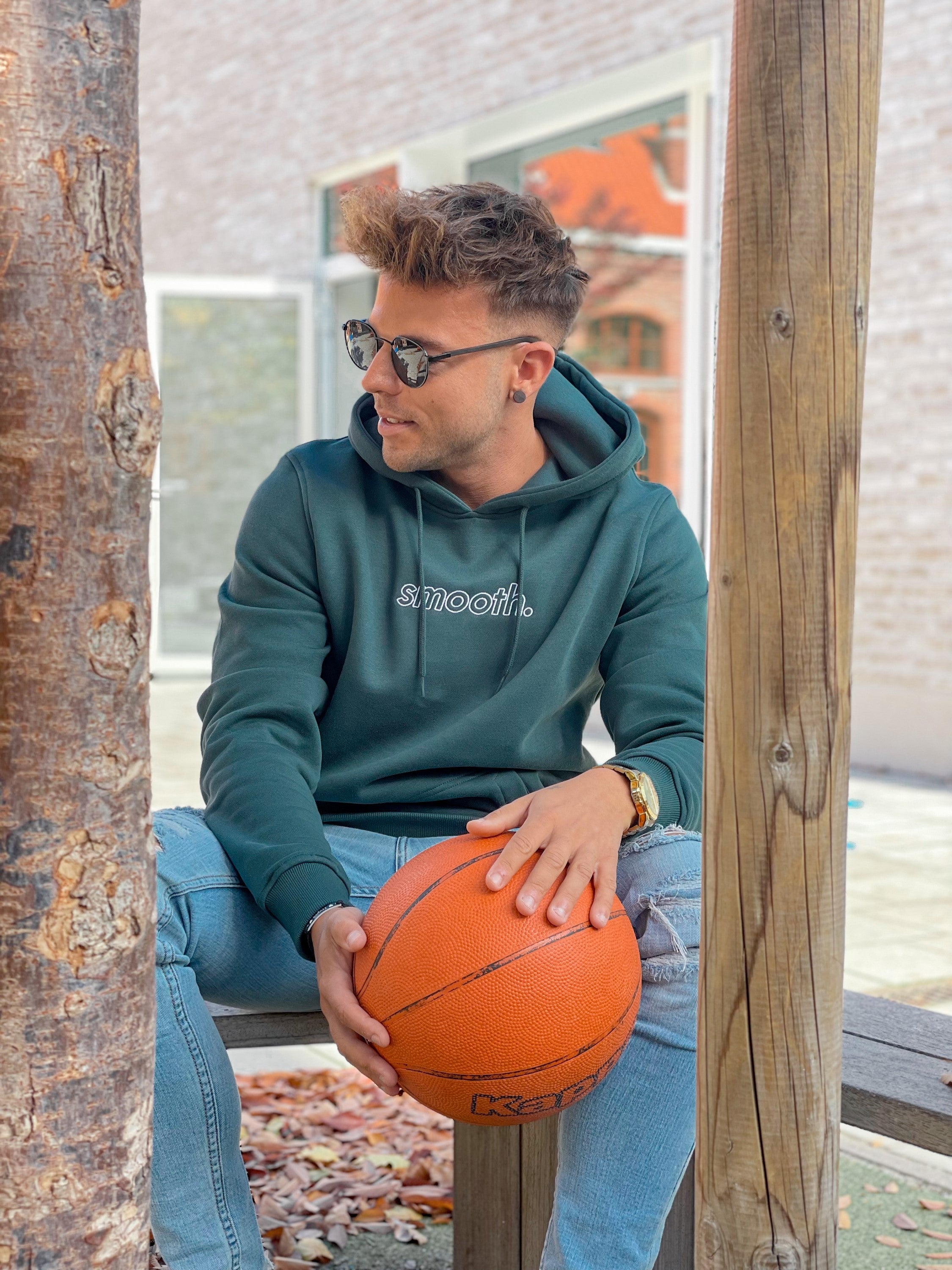 Bottle Green Hoodie / Outlined White Men