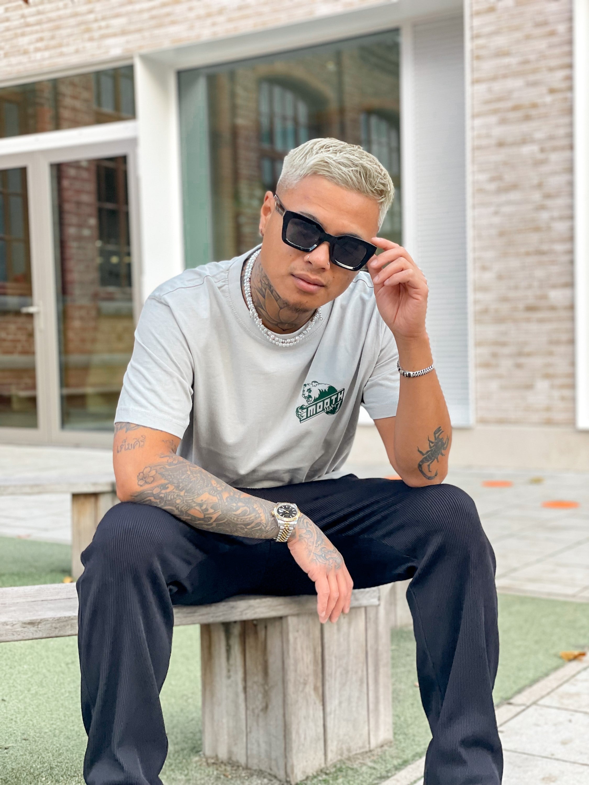 Soft Concrete T / Bad Panda Emerald Front+Back Men