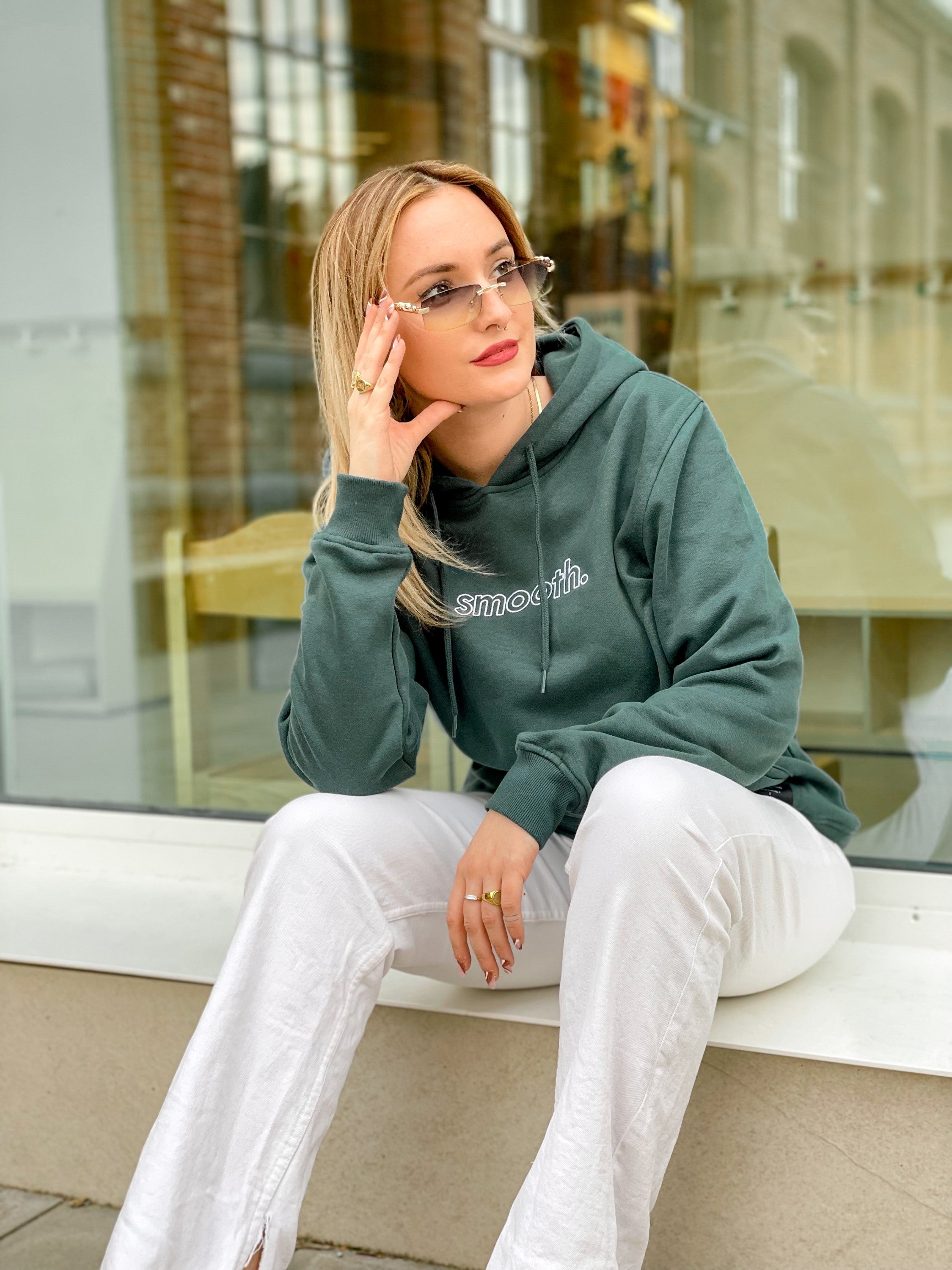 Bottle Green Hoodie / Outlined White Women