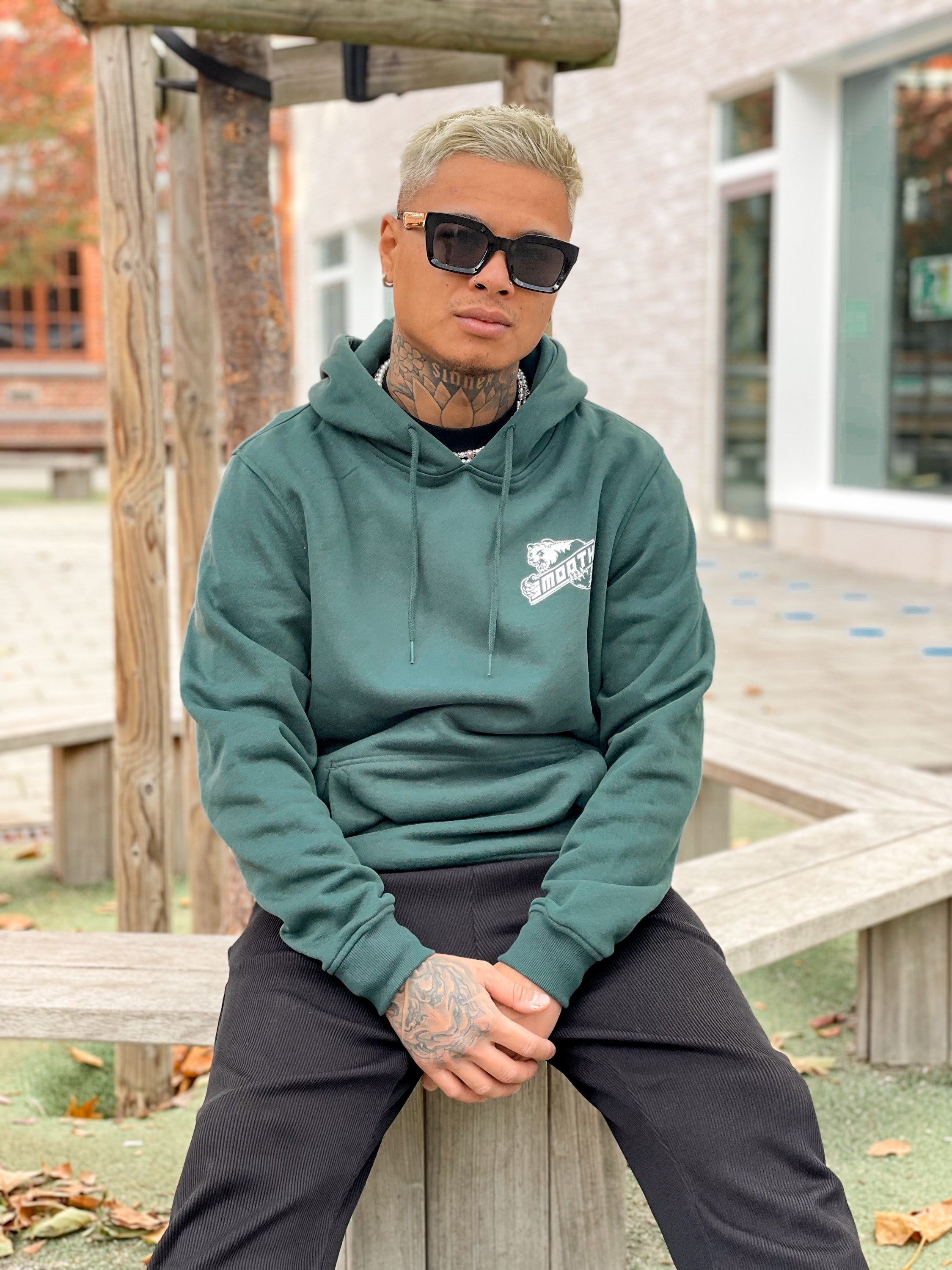 Bottle Green Hoodie / Bad Panda White Front+Back Men