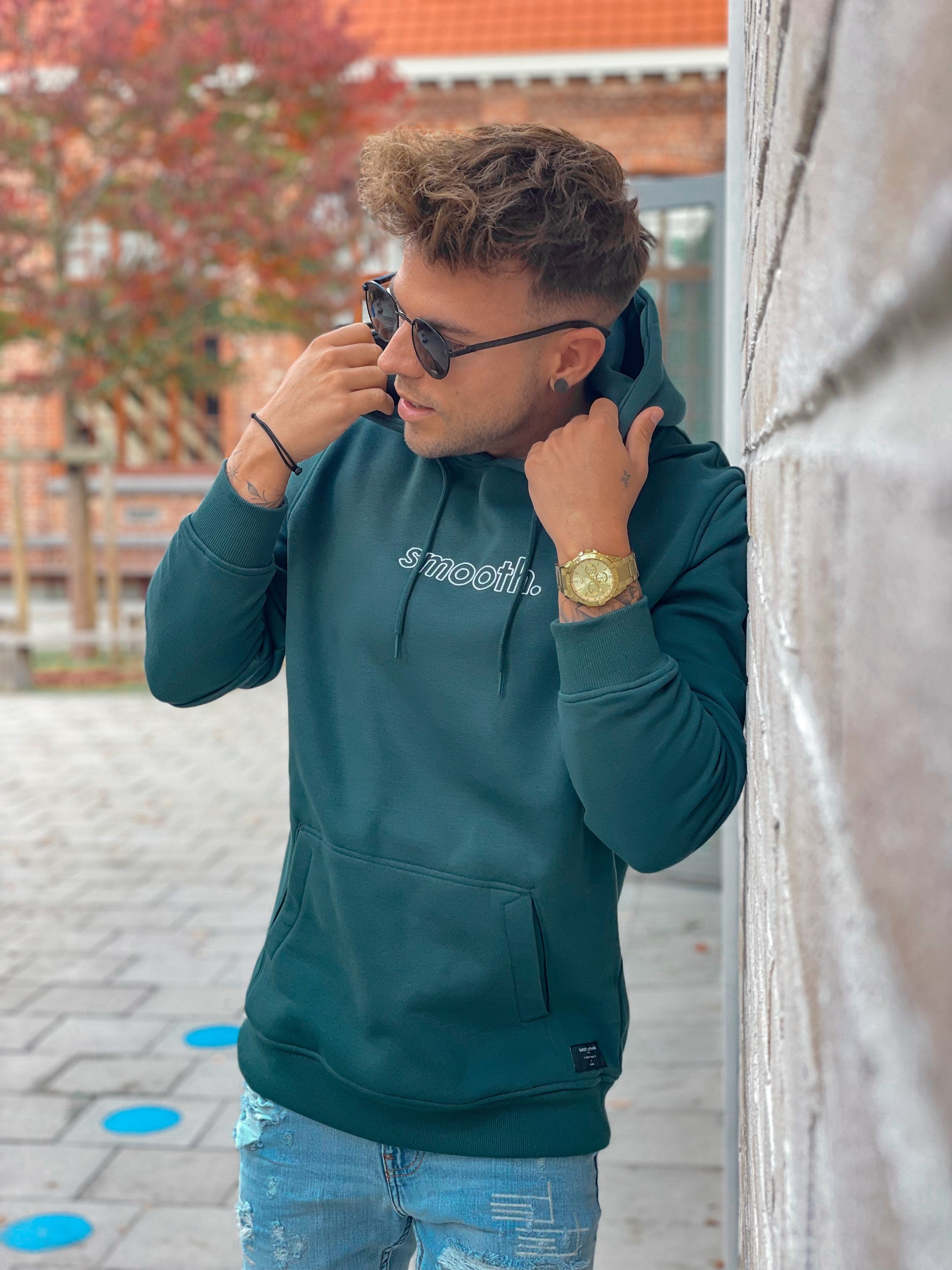 Bottle Green Hoodie / Outlined White Men
