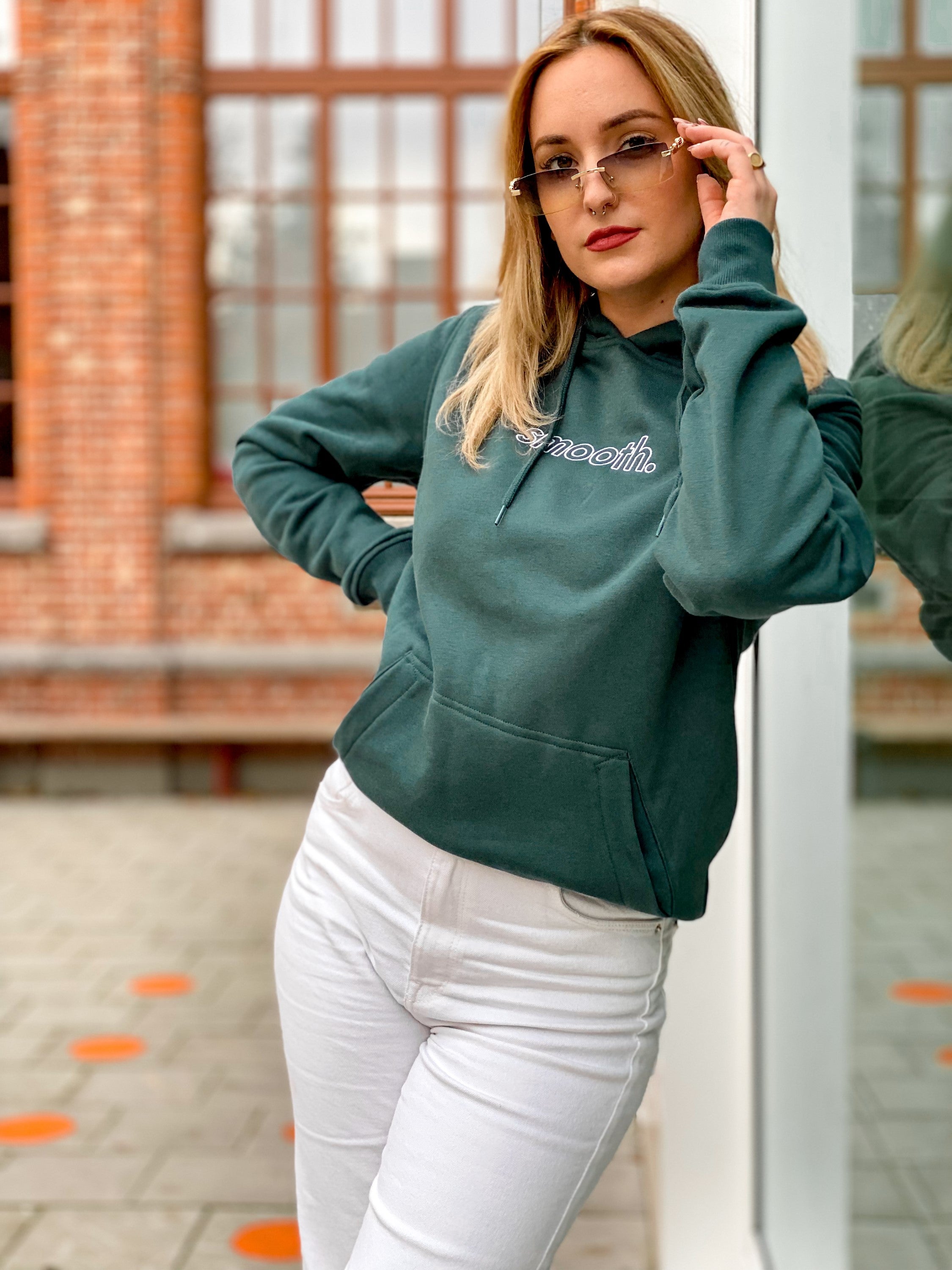 Bottle Green Hoodie / Outlined White Women