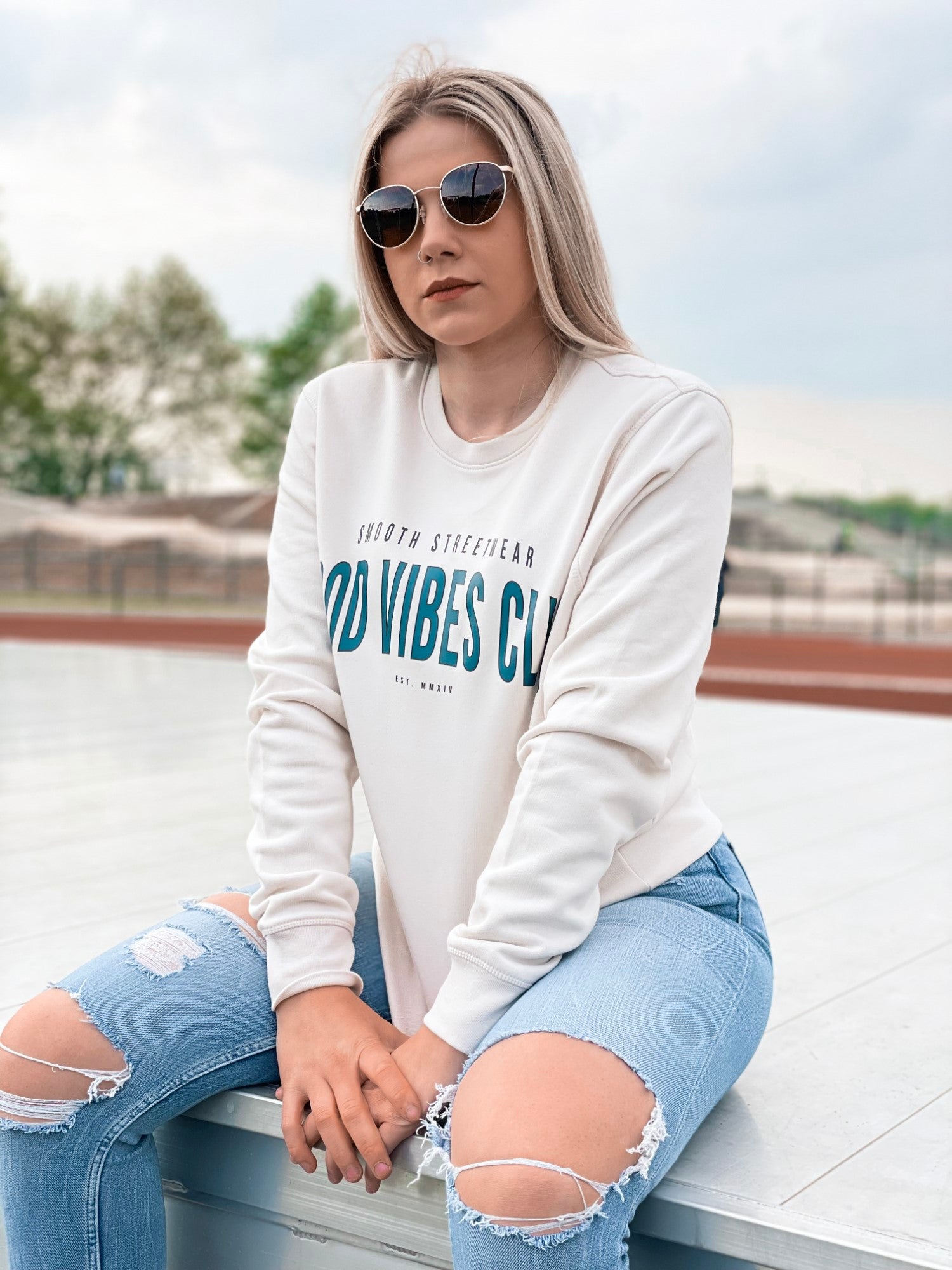 Vintage White Crew / Varsity Black Outline Women