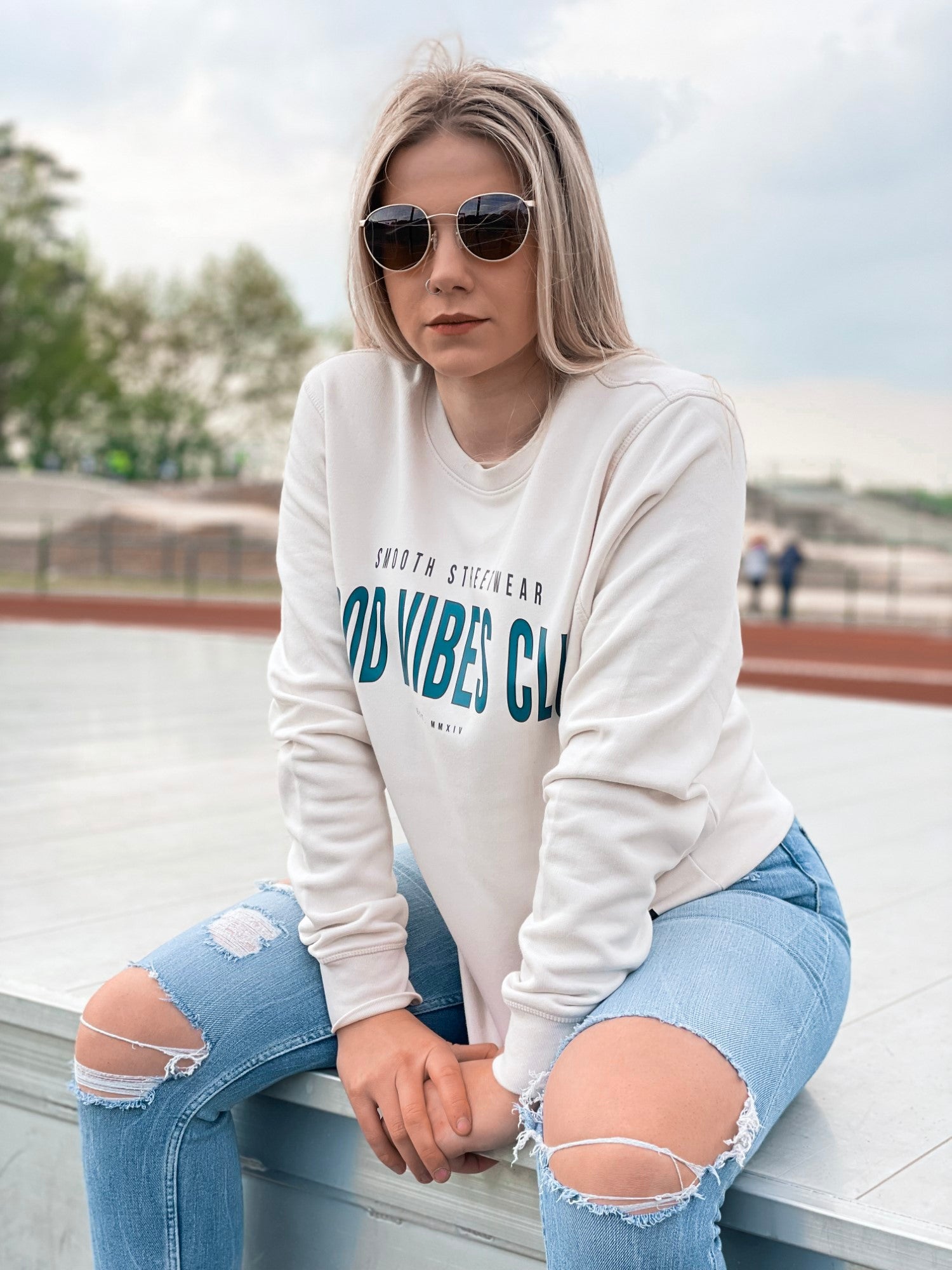 Vintage White Crew / Varsity Black Outline Women