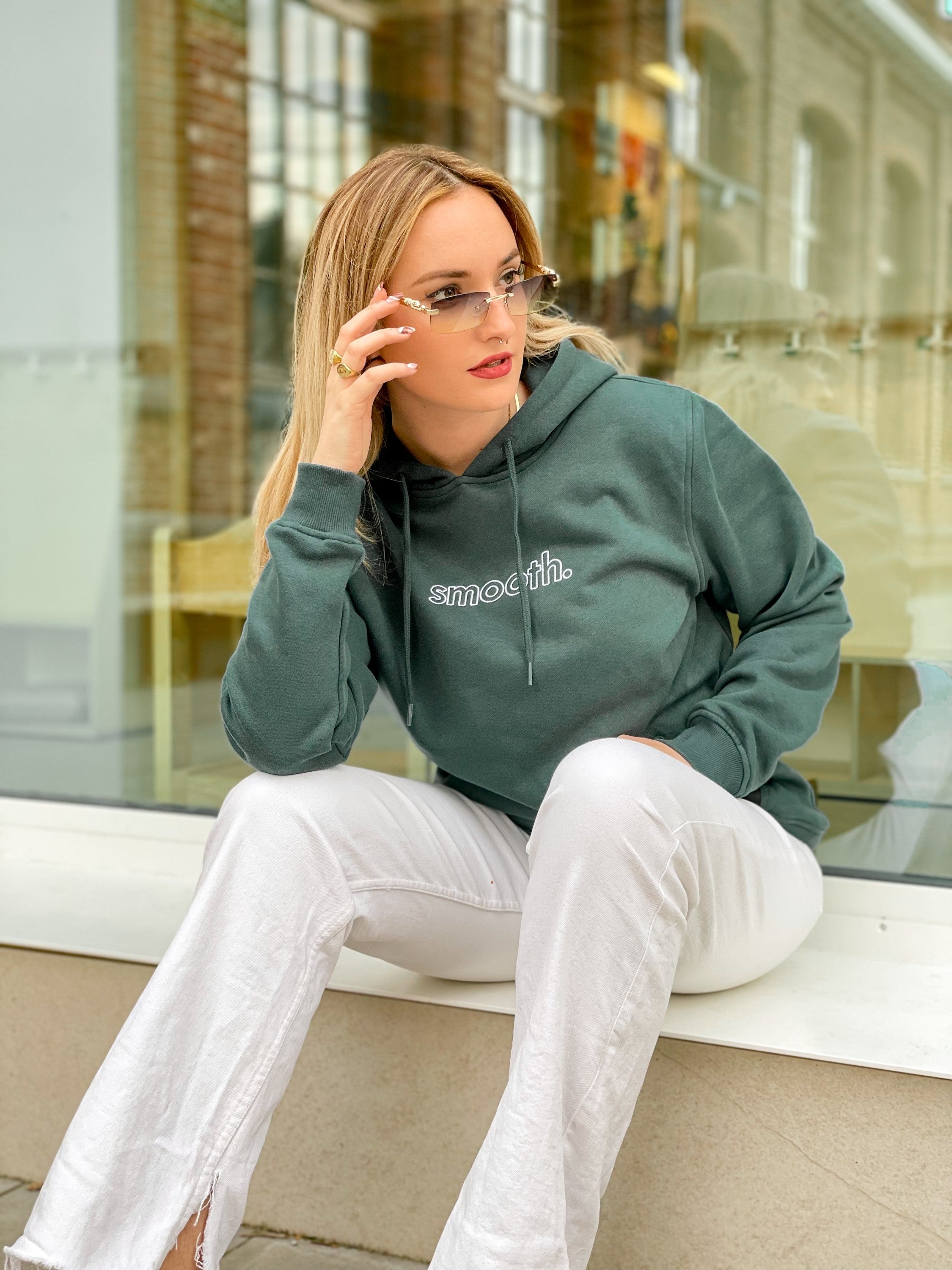 Bottle Green Hoodie / Outlined White Women