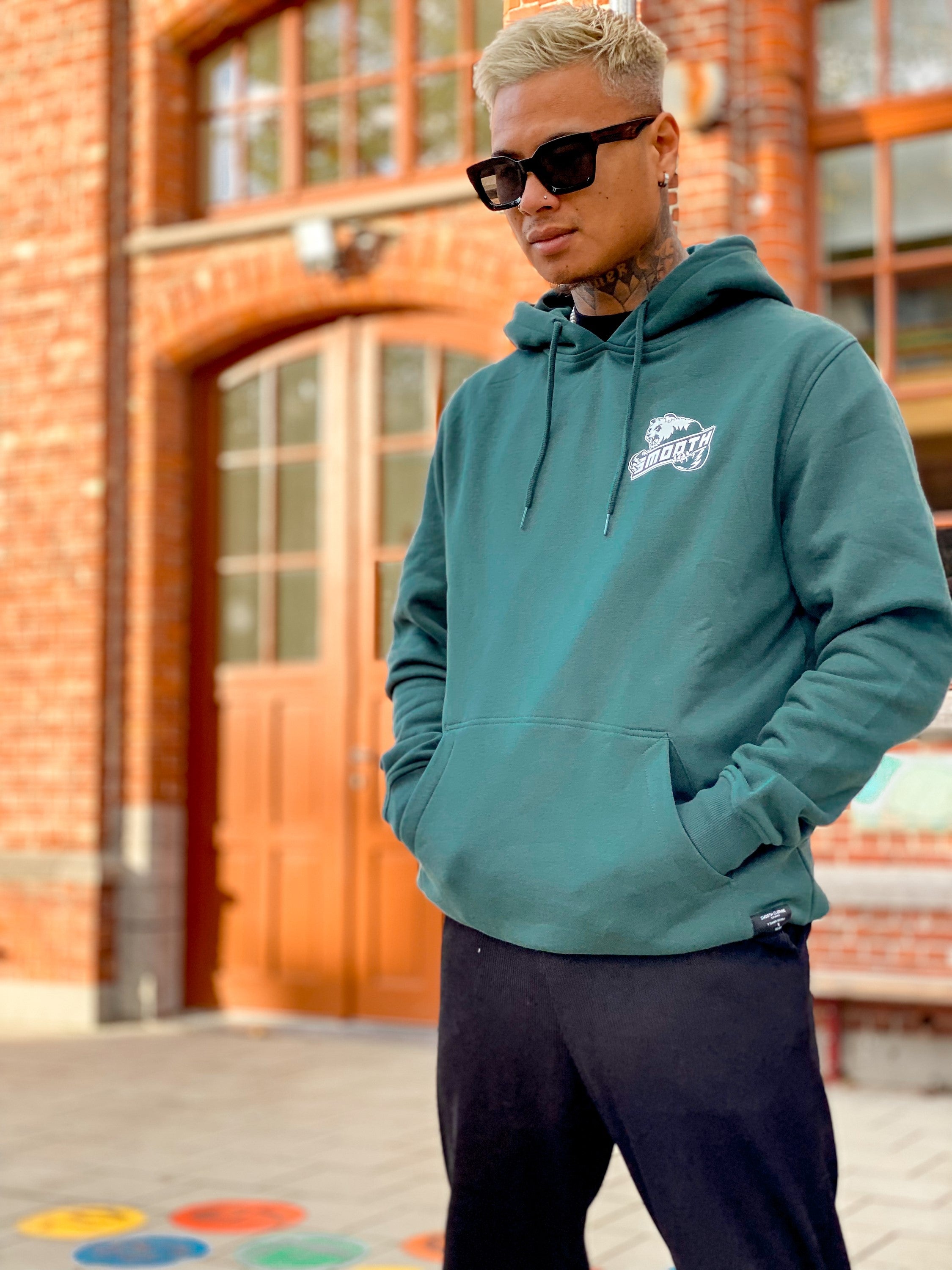 Bottle Green Hoodie / Bad Panda White Front+Back Men