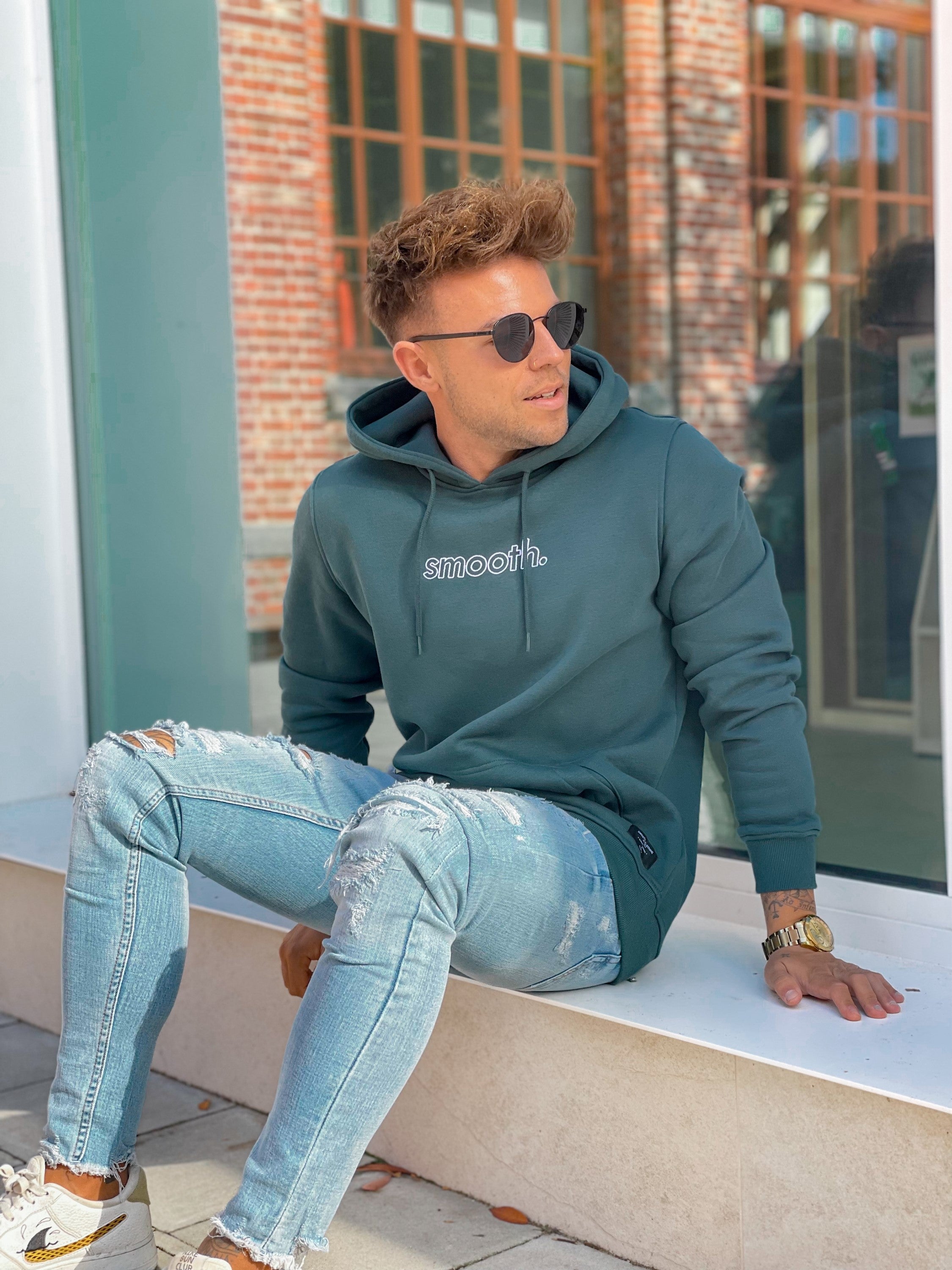 Bottle Green Hoodie / Outlined White Men