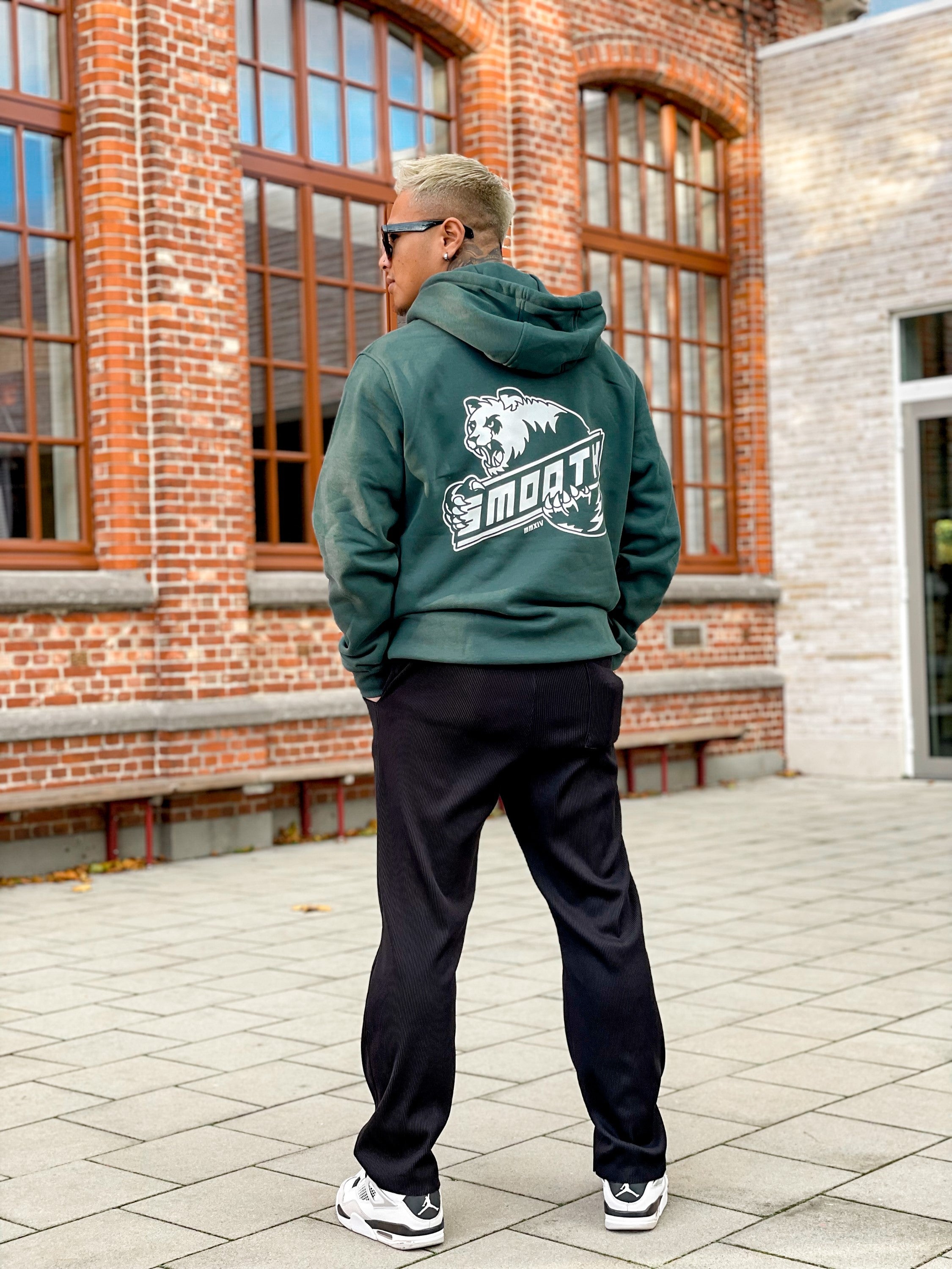 Bottle Green Hoodie / Bad Panda White Front+Back Men