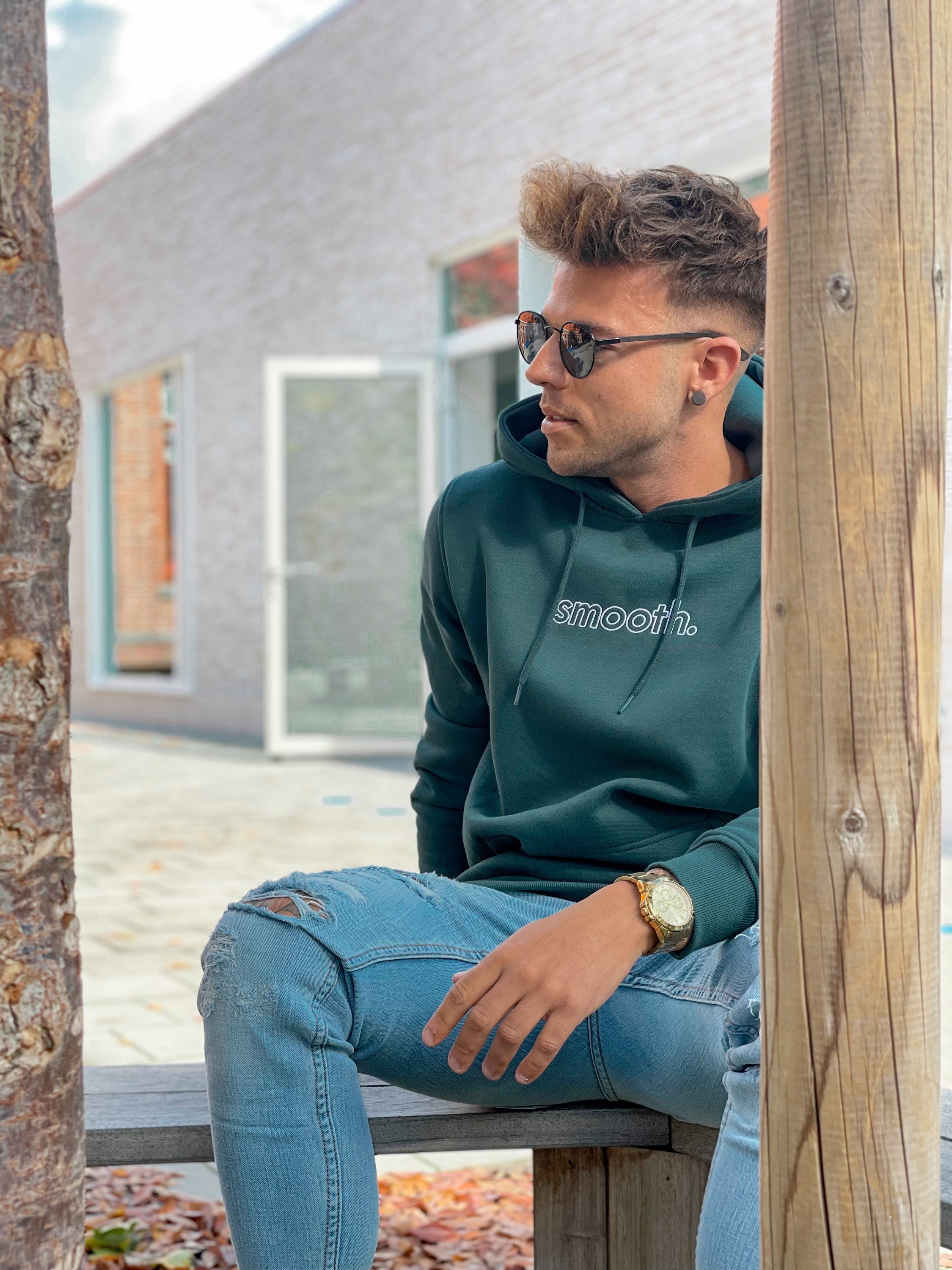 Bottle Green Hoodie / Outlined White Men