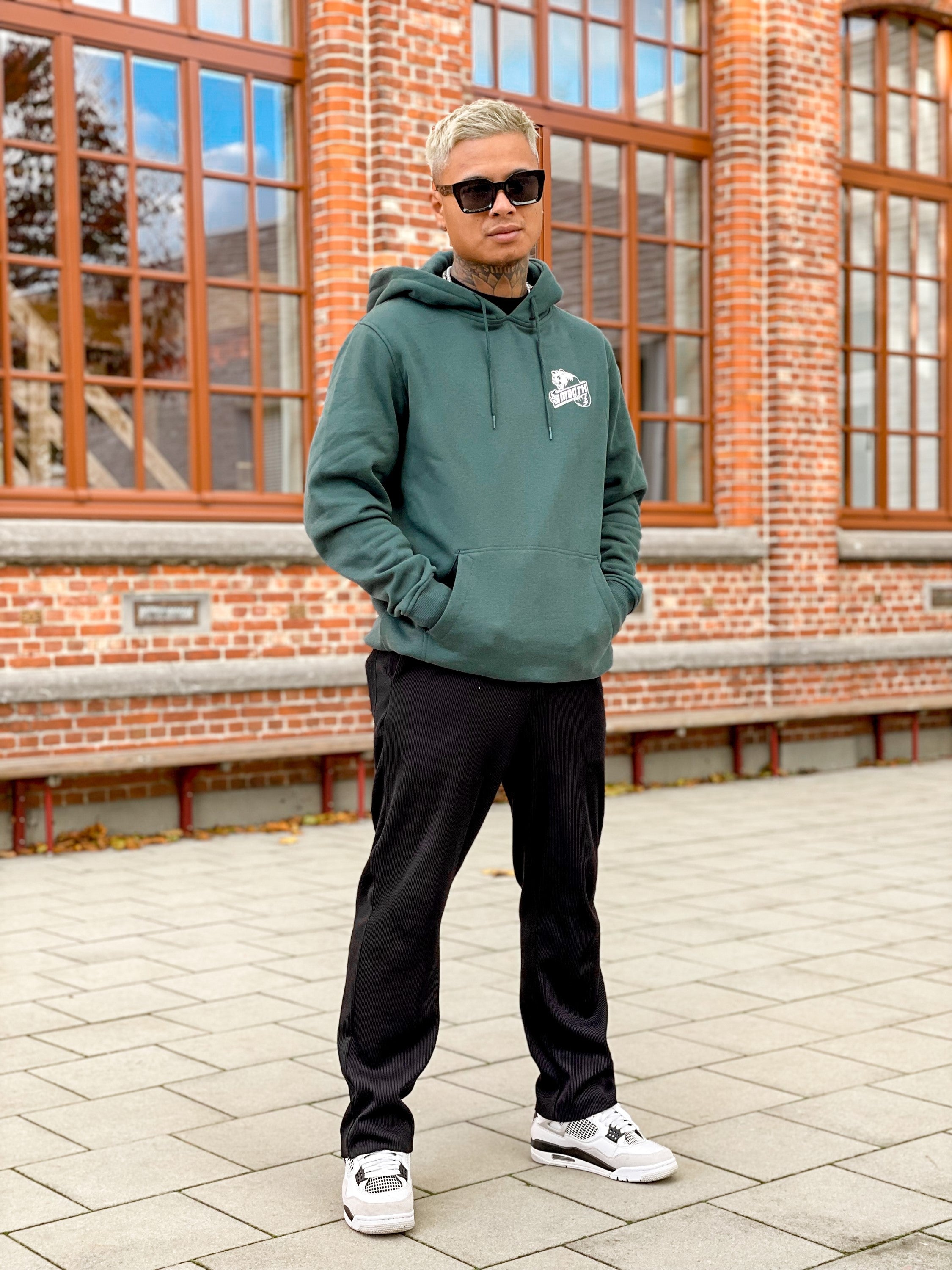 Bottle Green Hoodie / Bad Panda White Front+Back Men