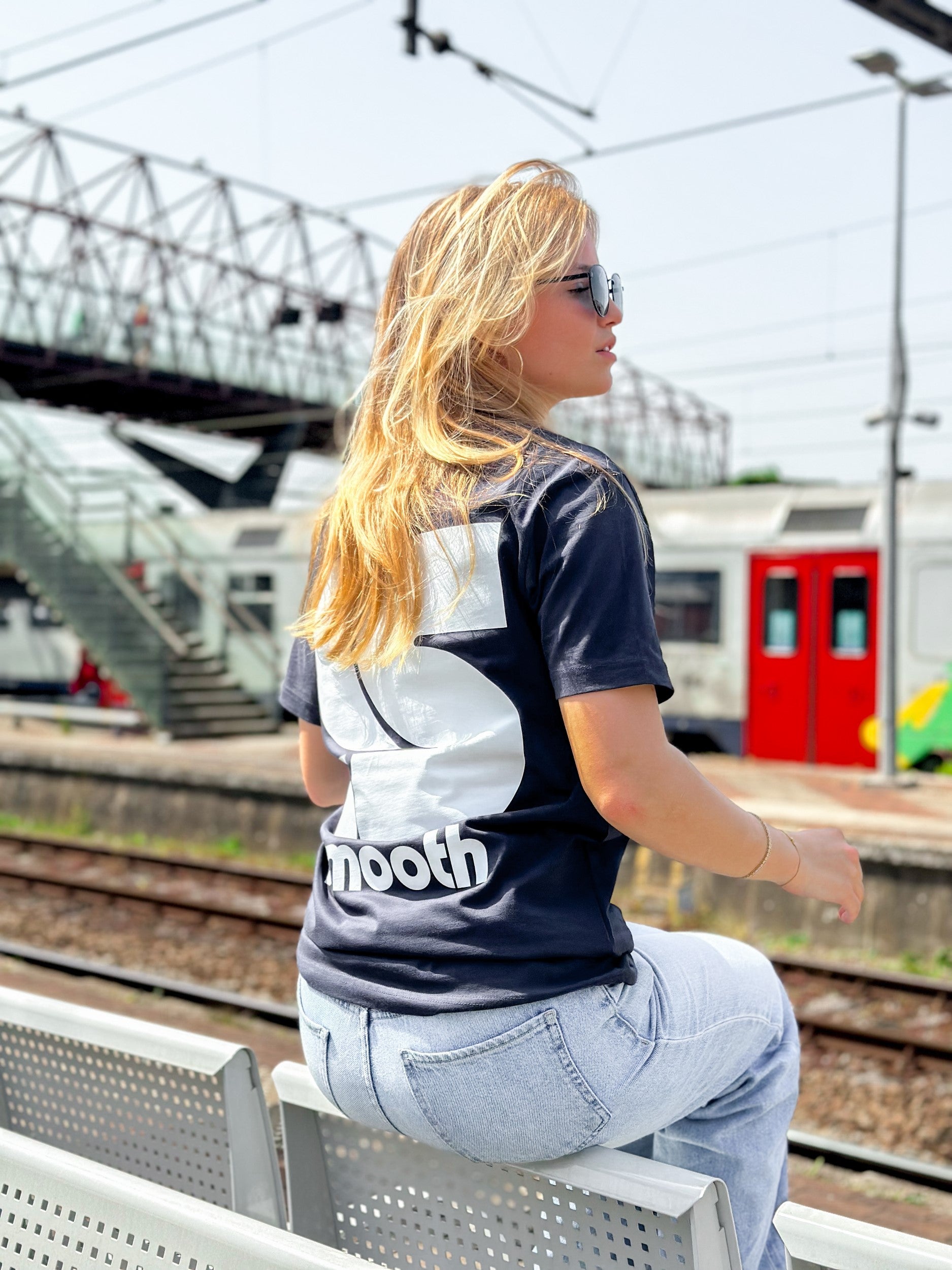 Navy T / S Logo White Front+Back Women