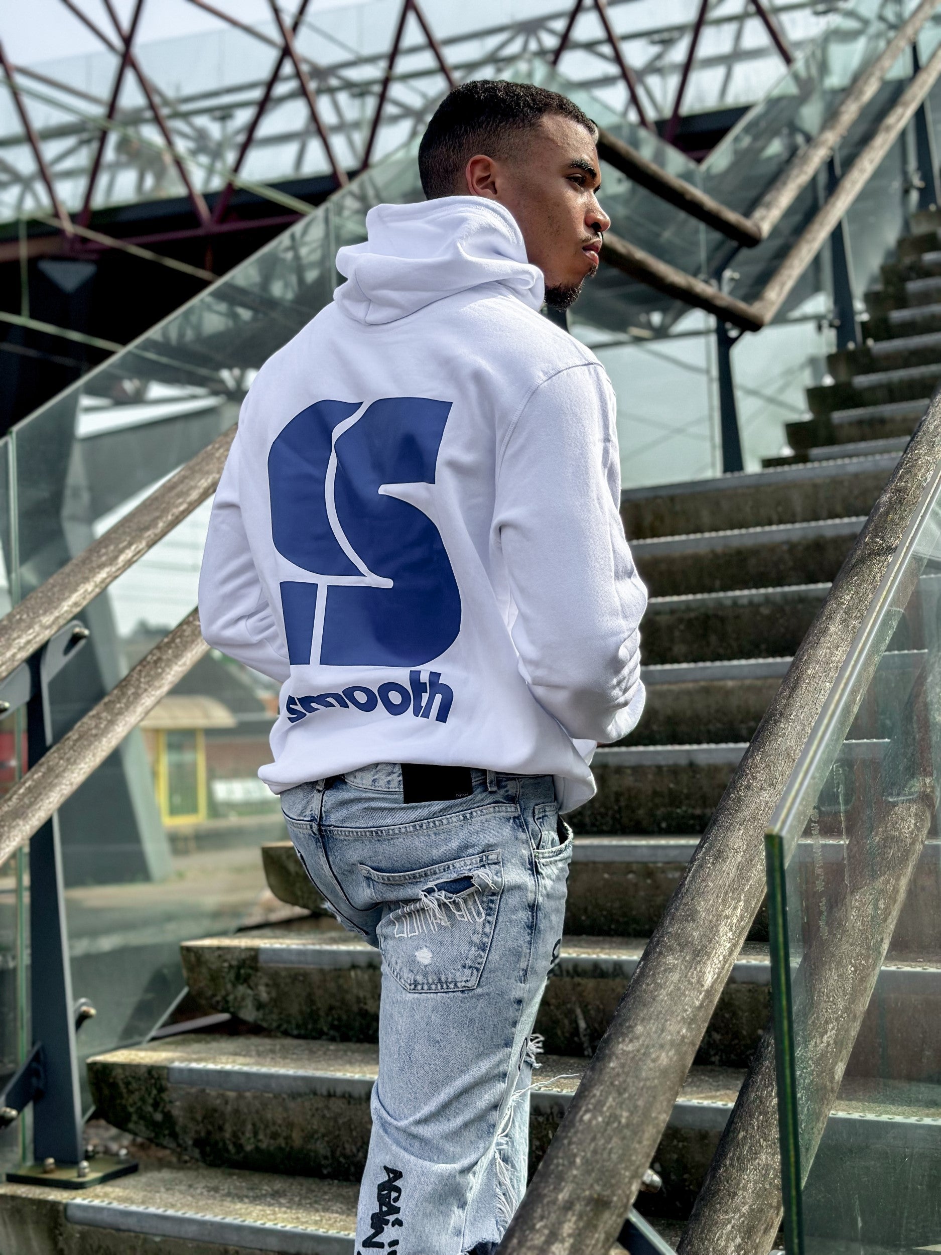 White Hoodie / S Logo Blue Front+Back Men