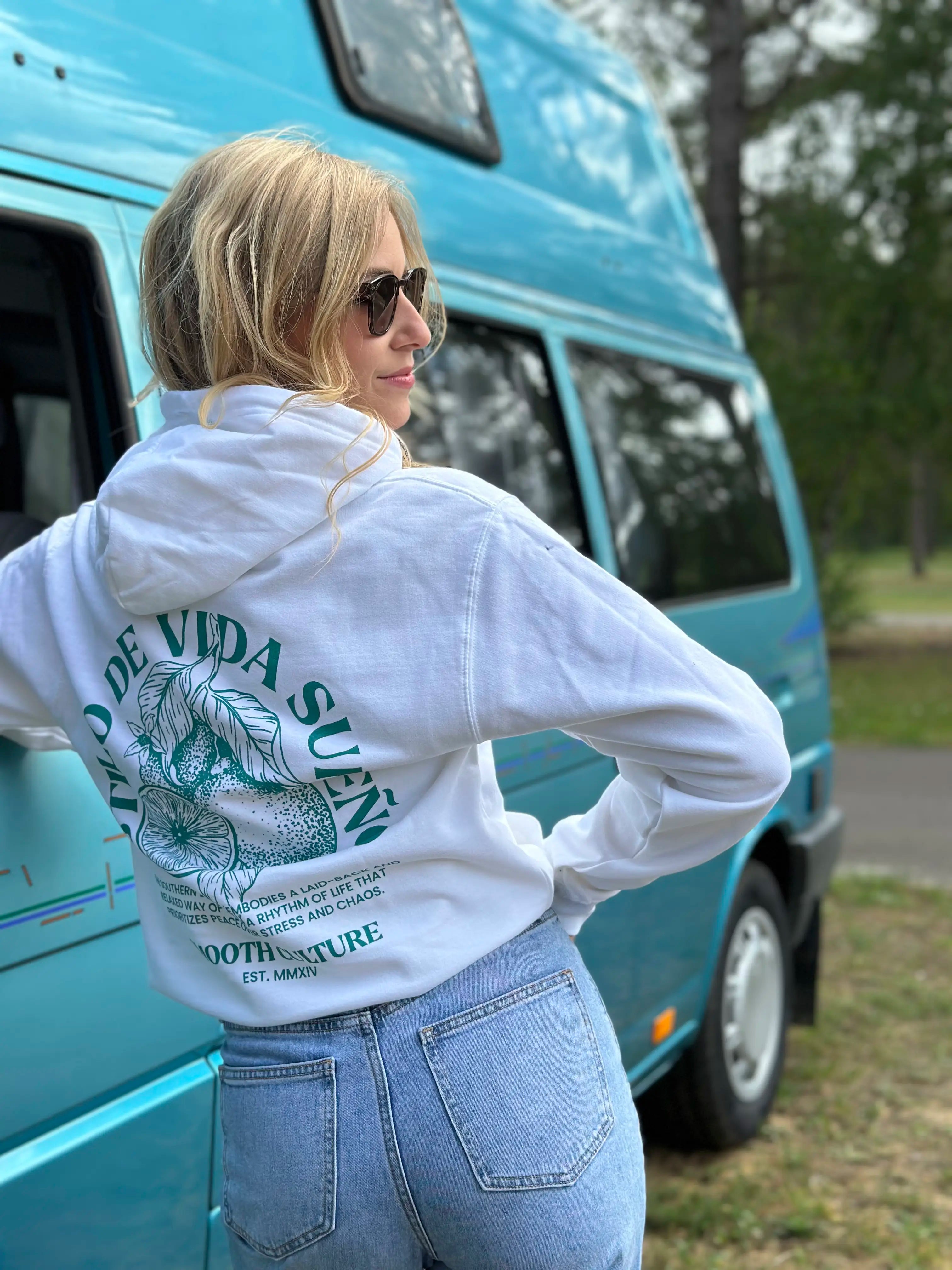 White Summer Hoodie / Vida Sureño Green Front+Back Women