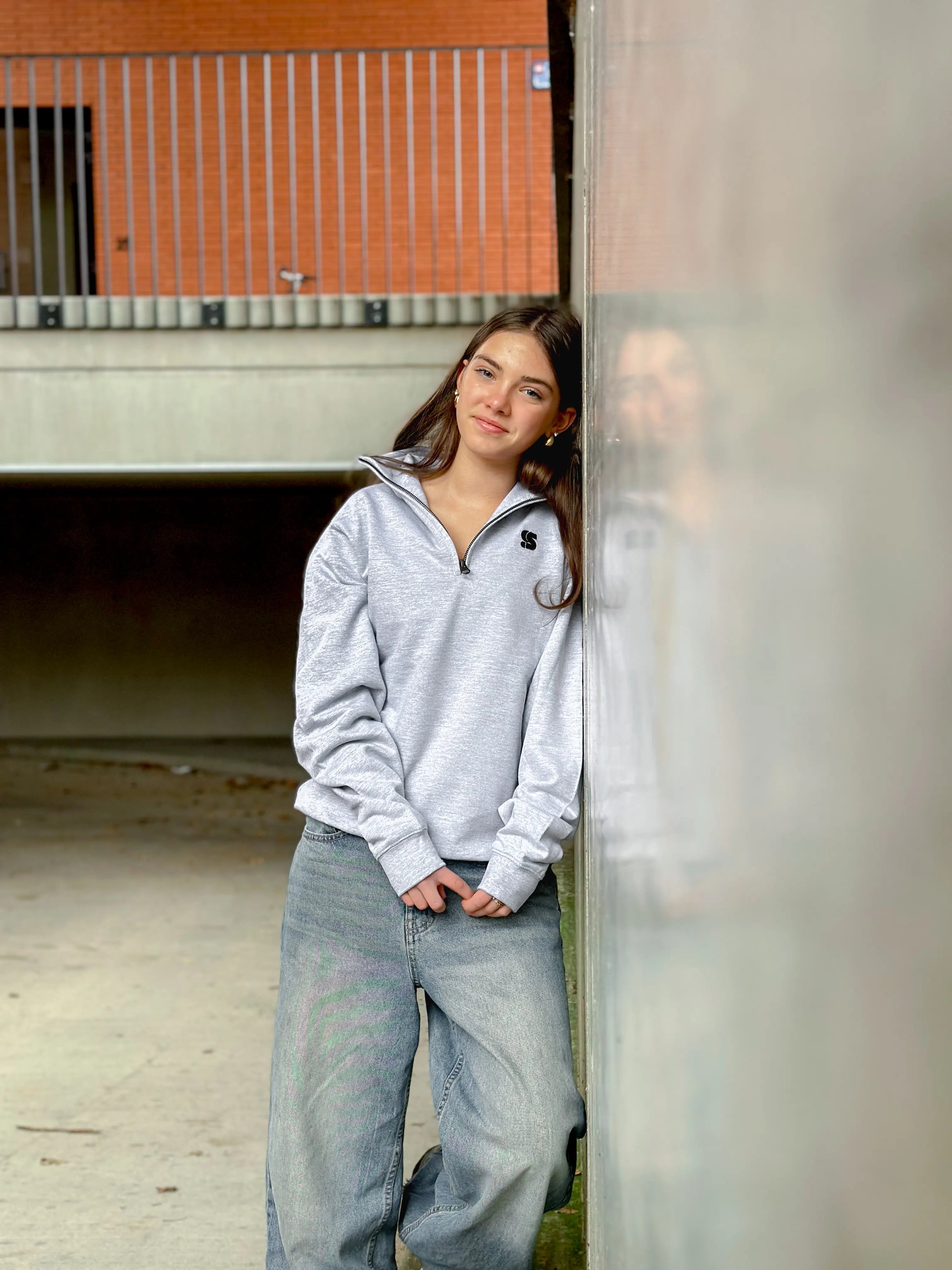 Grey Half Zip Crew / S Logo Black Embroidered Women