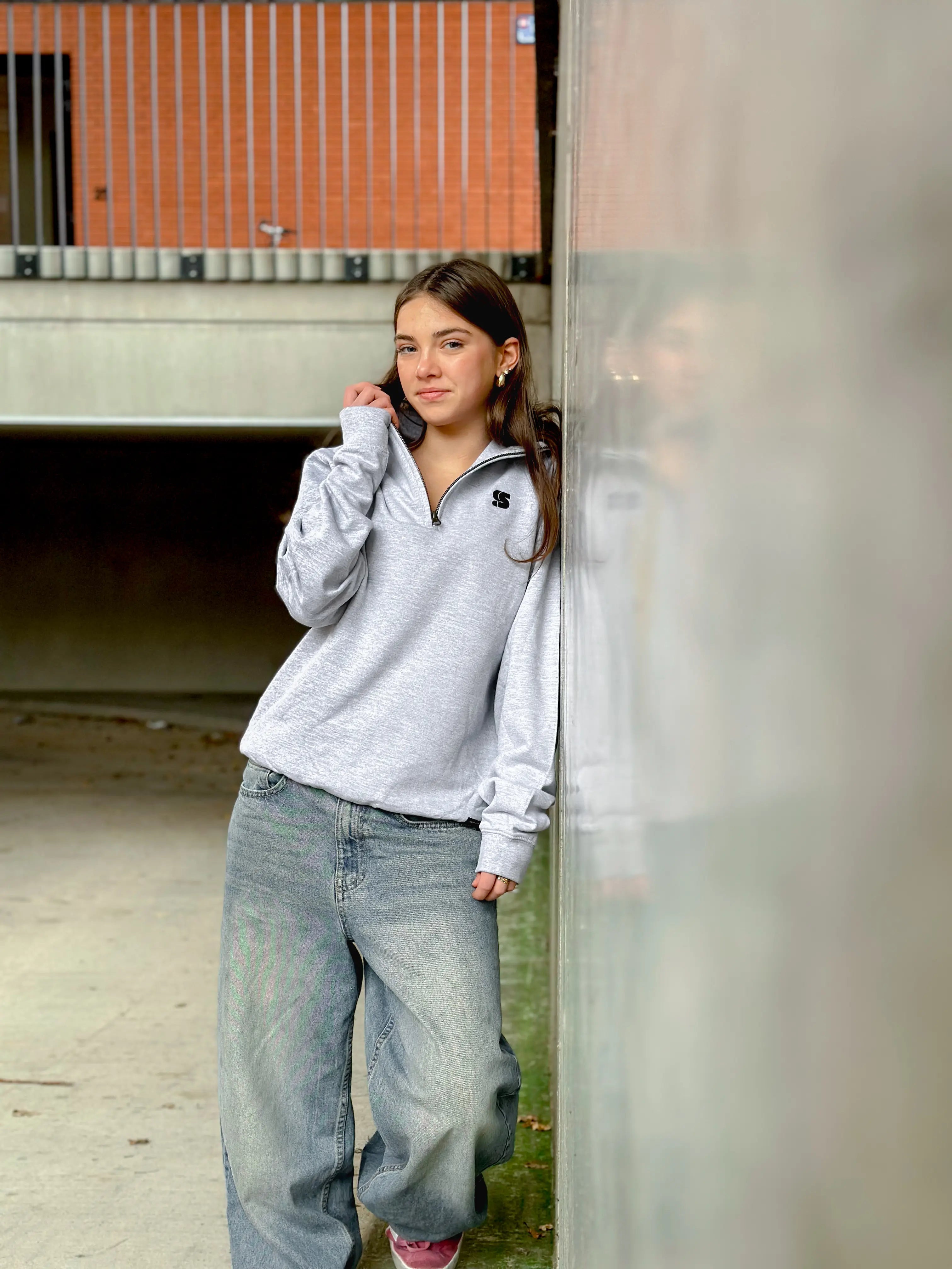 Grey Half Zip Crew / S Logo Black Embroidered Women