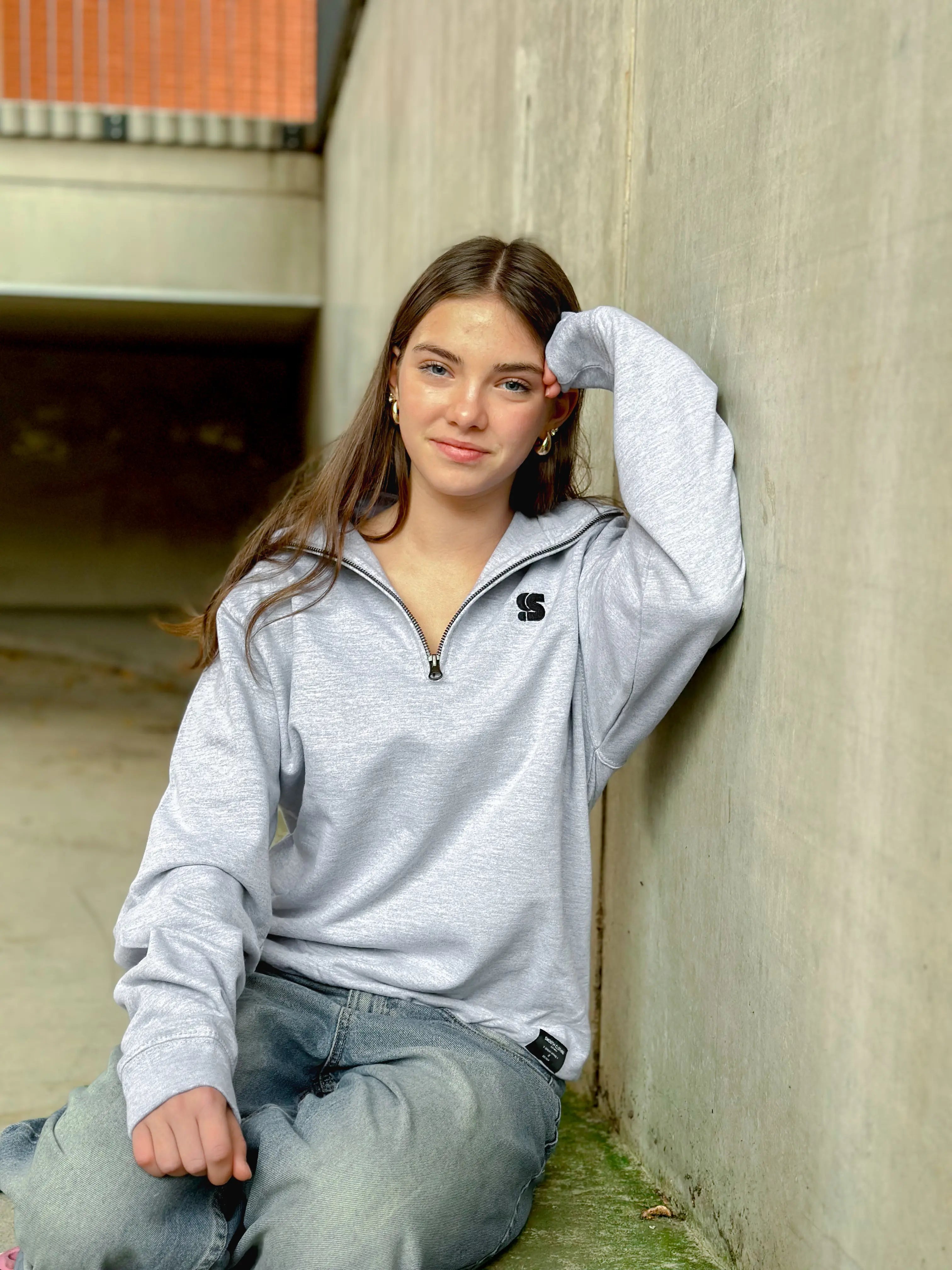 Grey Half Zip Crew / S Logo Black Embroidered Women