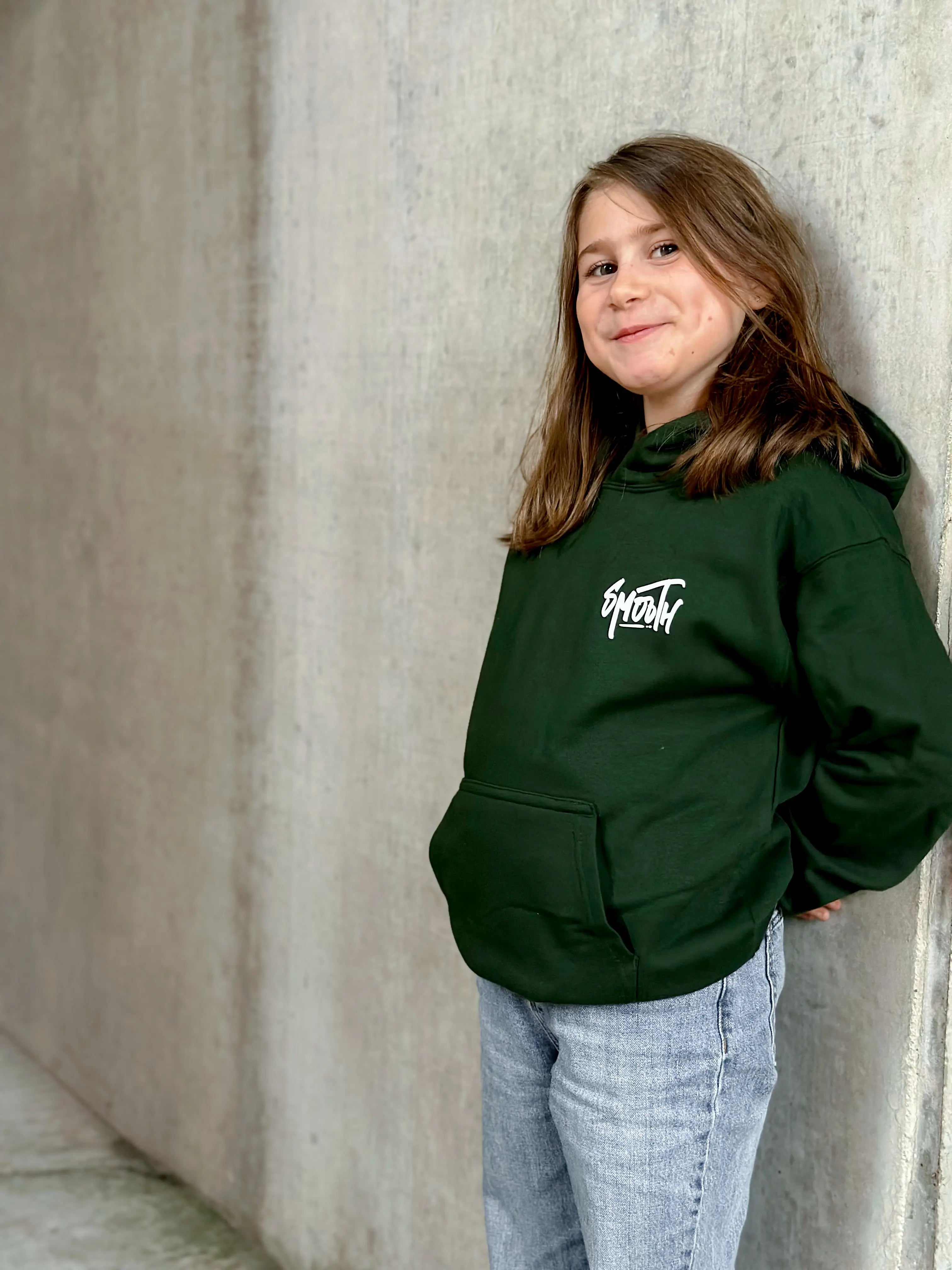 Bottle Green Kids Hoodie / Dainty White Front+Back Girls