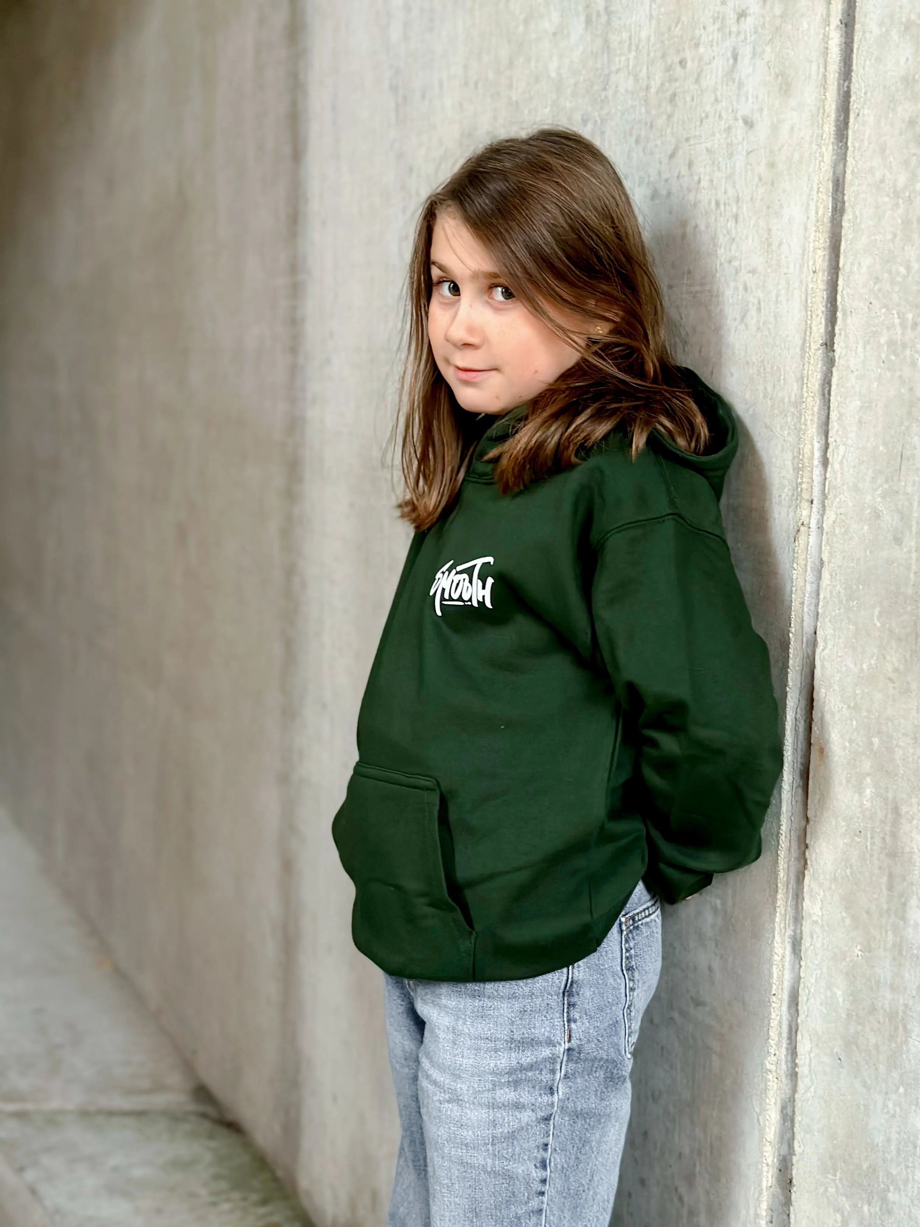 Bottle Green Kids Hoodie / Dainty White Front+Back Girls