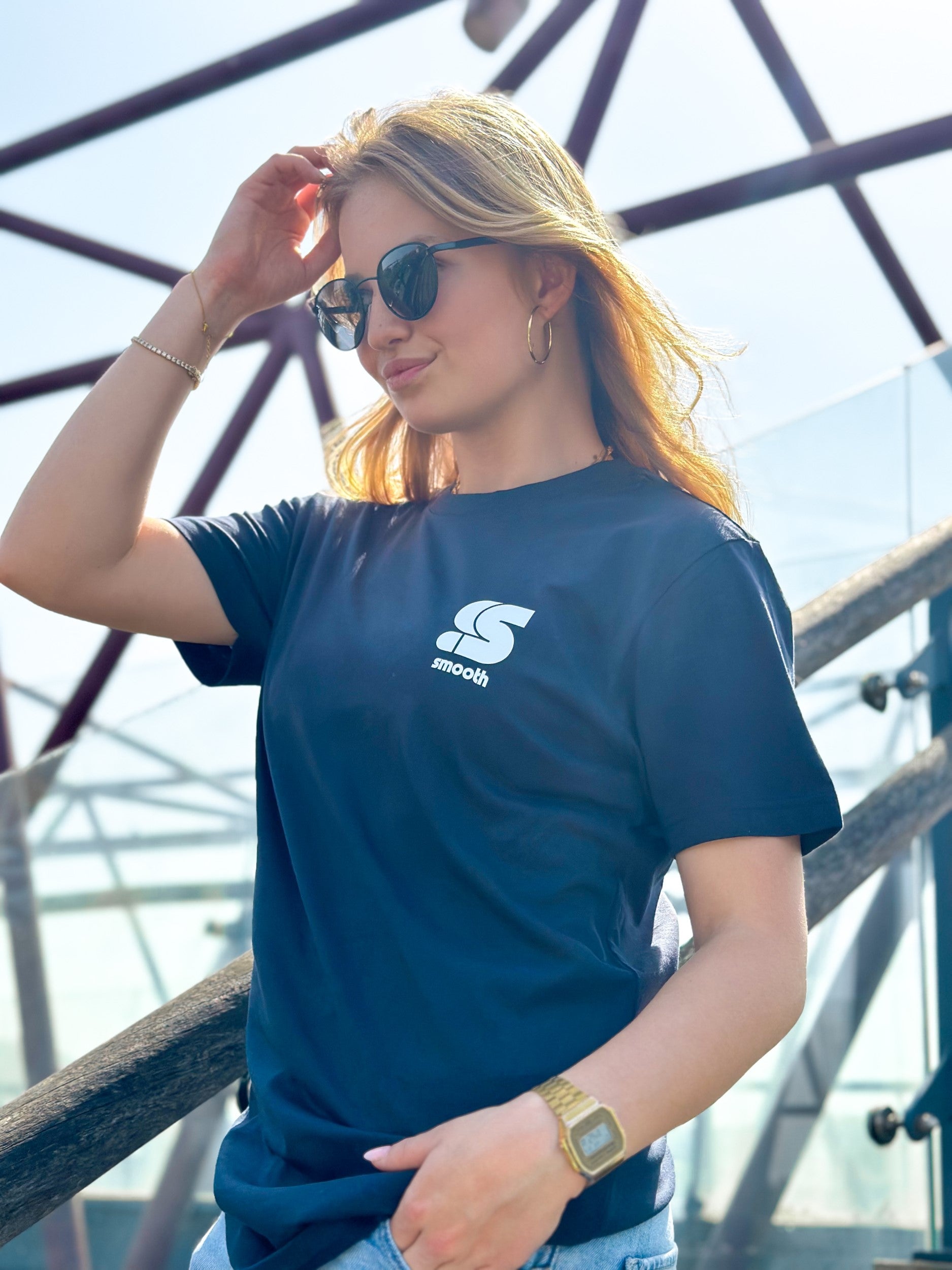 Navy T / S Logo White Front+Back Women