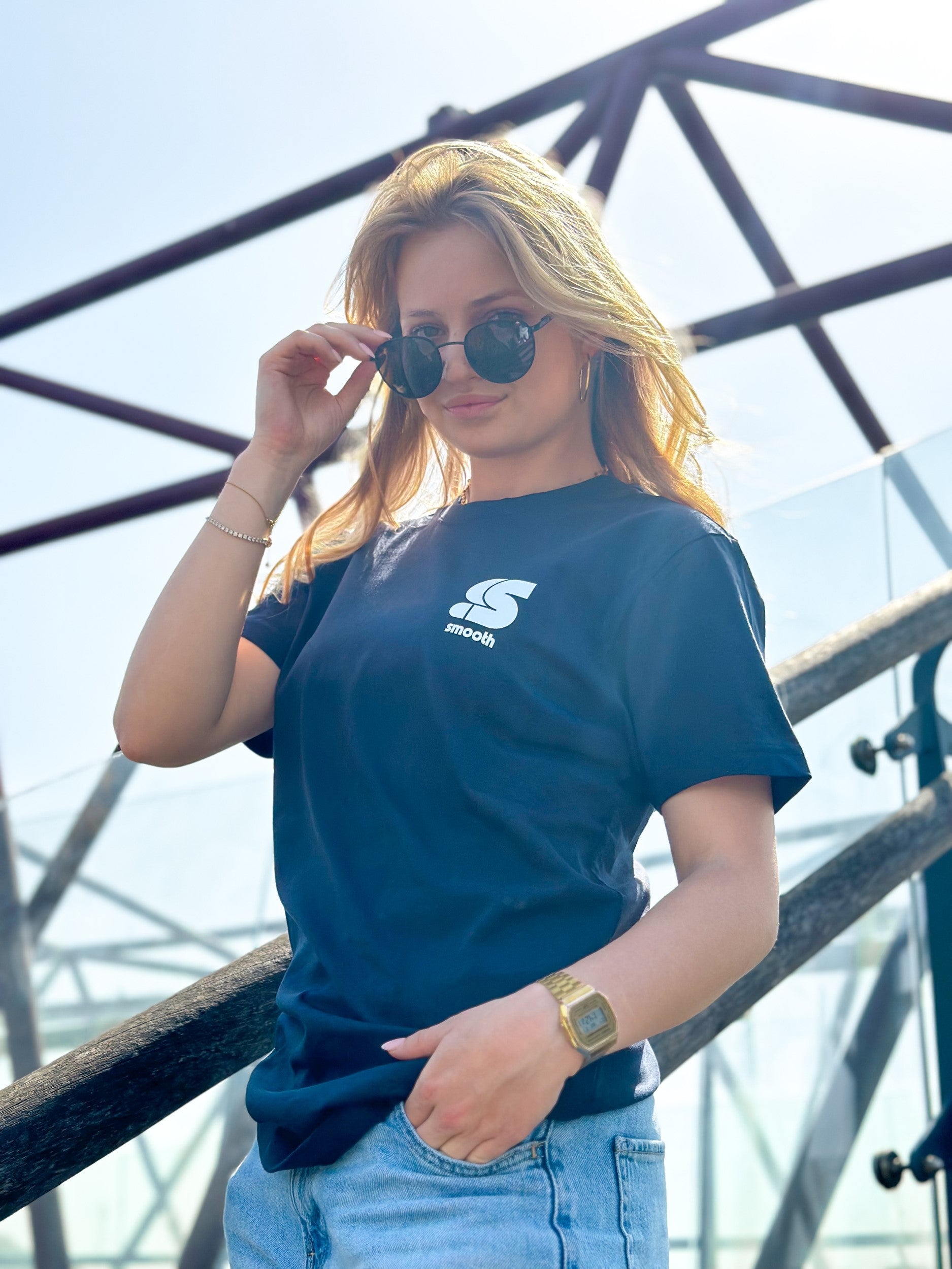 Navy T / S Logo White Front+Back Women