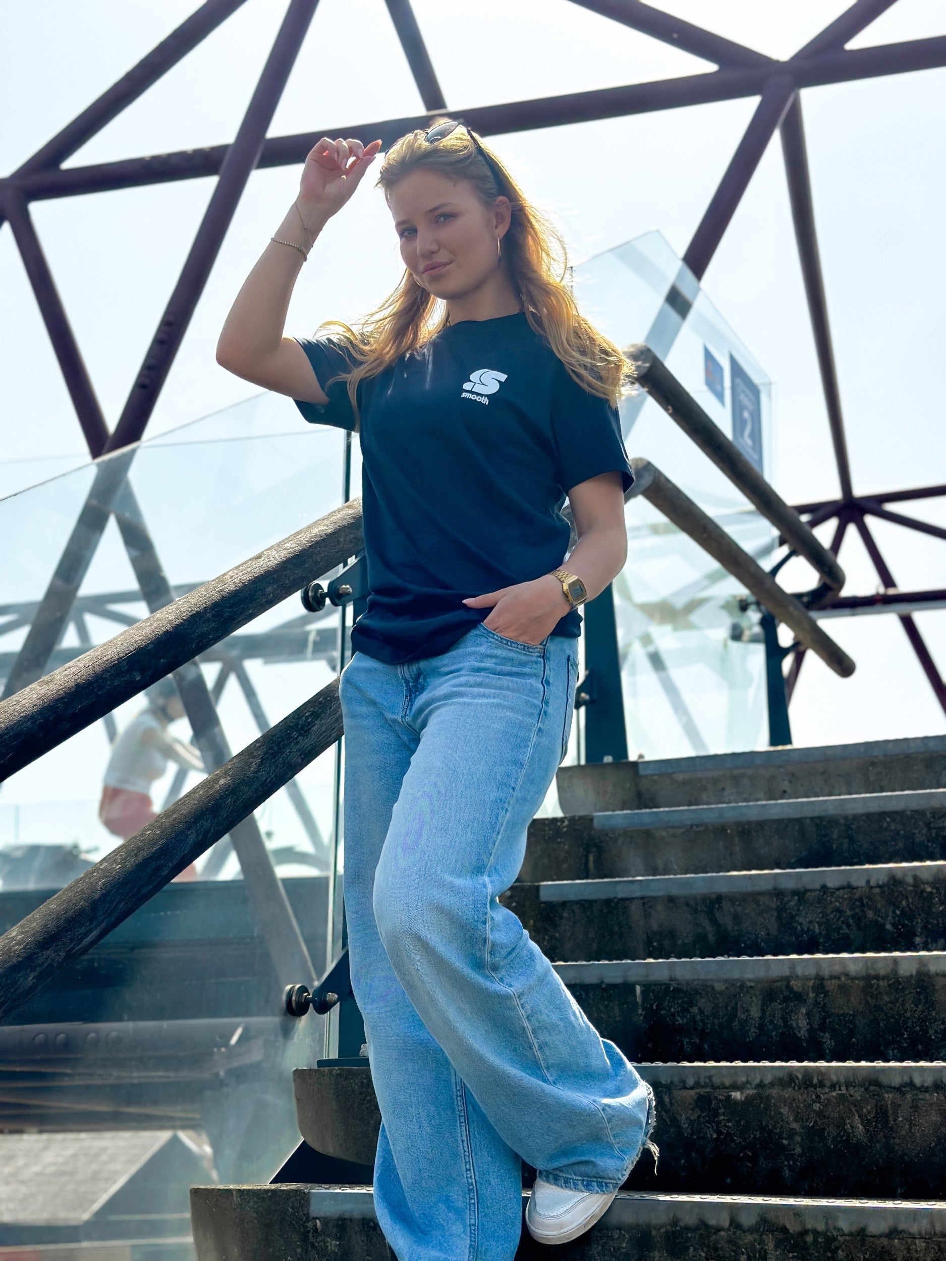 Navy T / S Logo White Front+Back Women