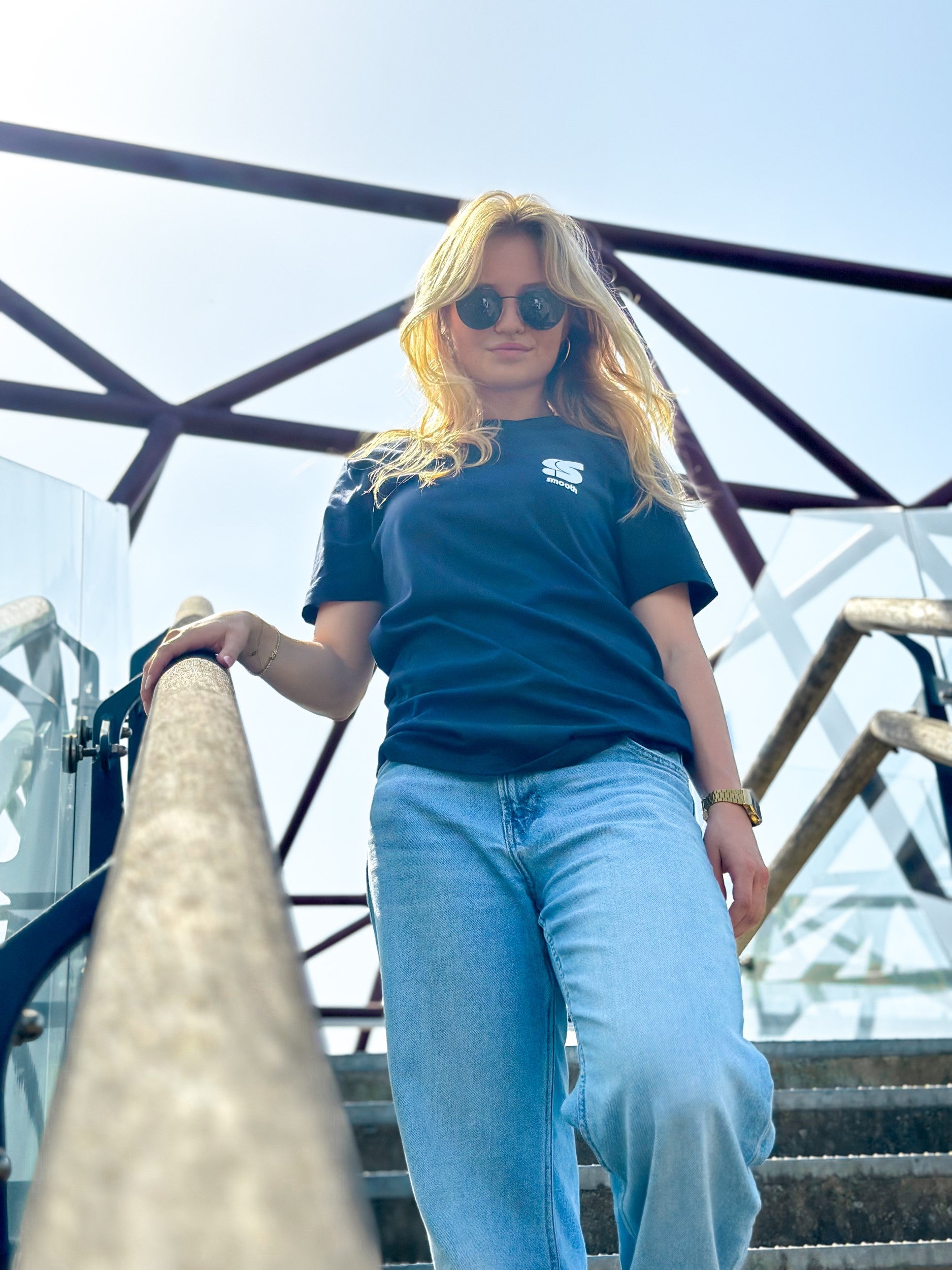 Navy T / S Logo White Front+Back Women