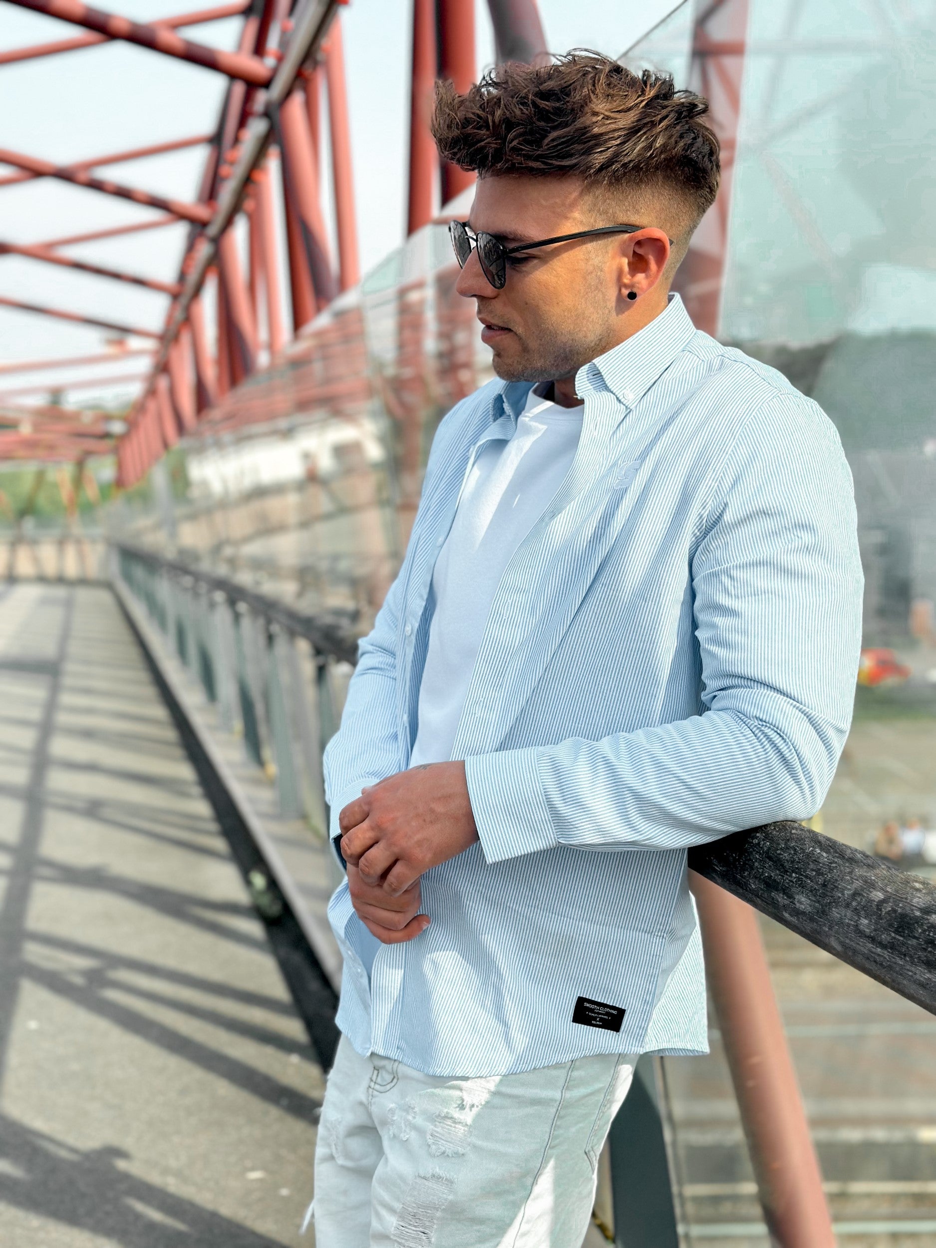 Blue Striped Shirt / S Logo White Embroidered Men