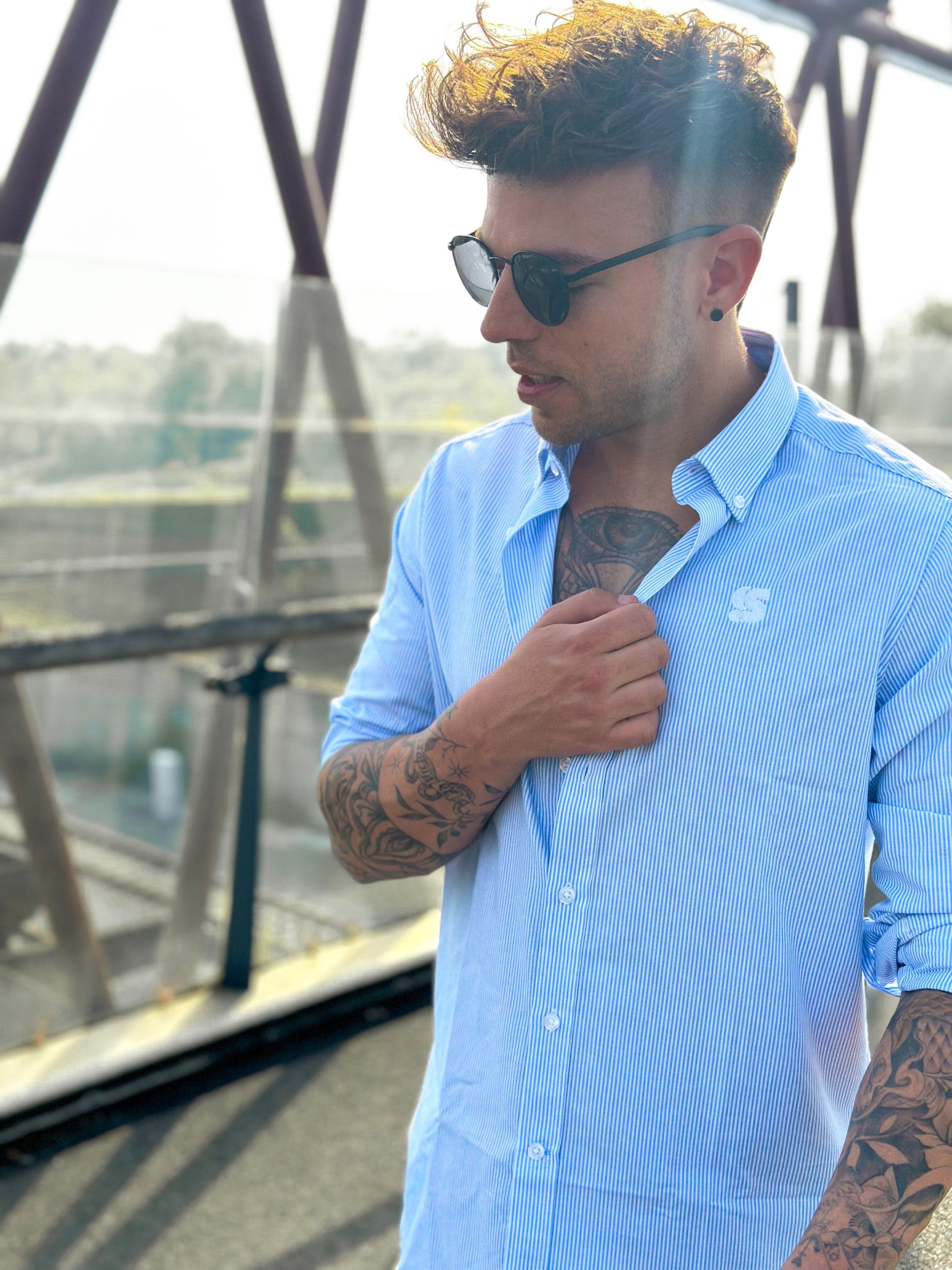 Blue Striped Shirt / S Logo White Embroidered Men