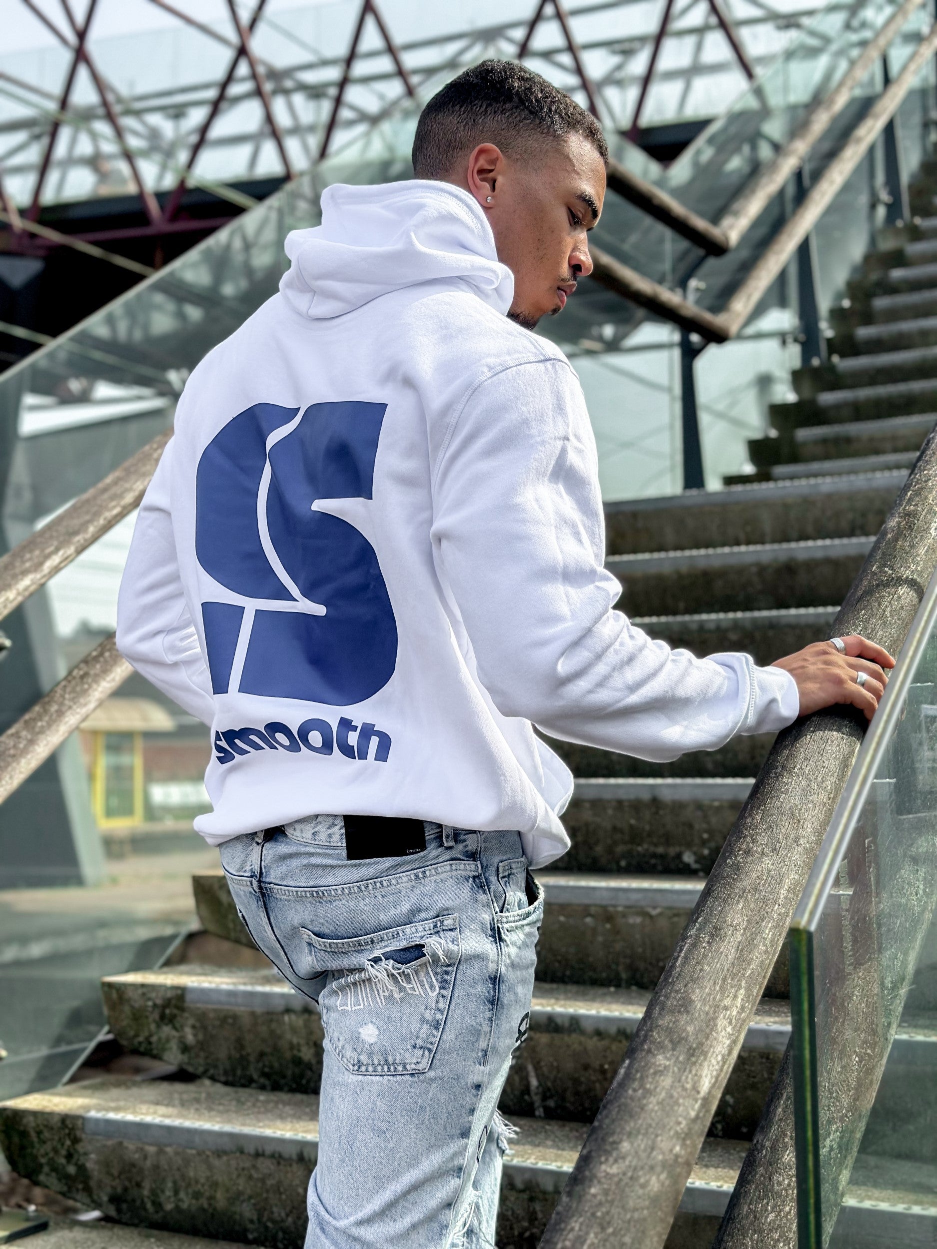 White Hoodie / S Logo Blue Front+Back Men