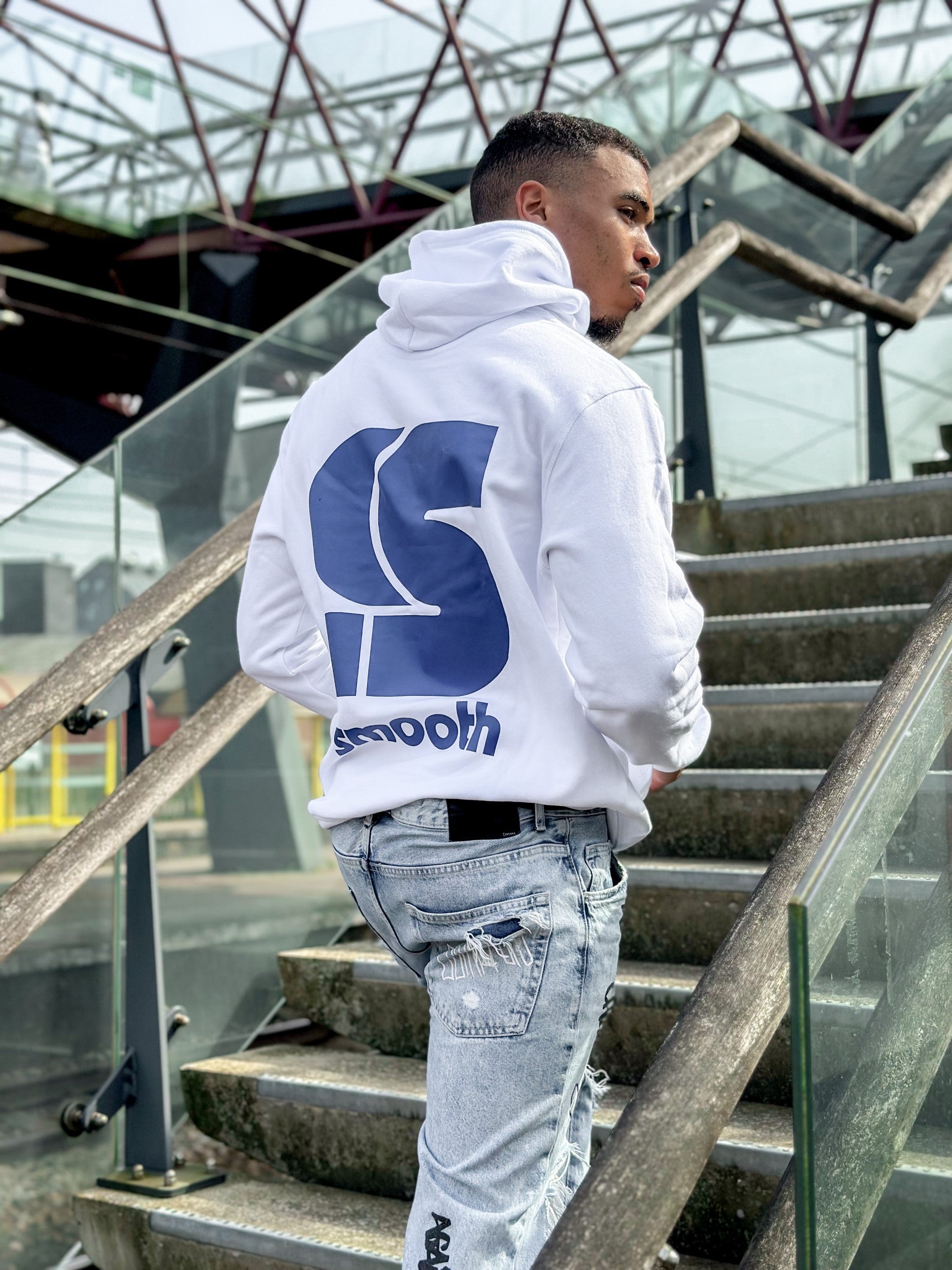 White Hoodie / S Logo Blue Front+Back Men