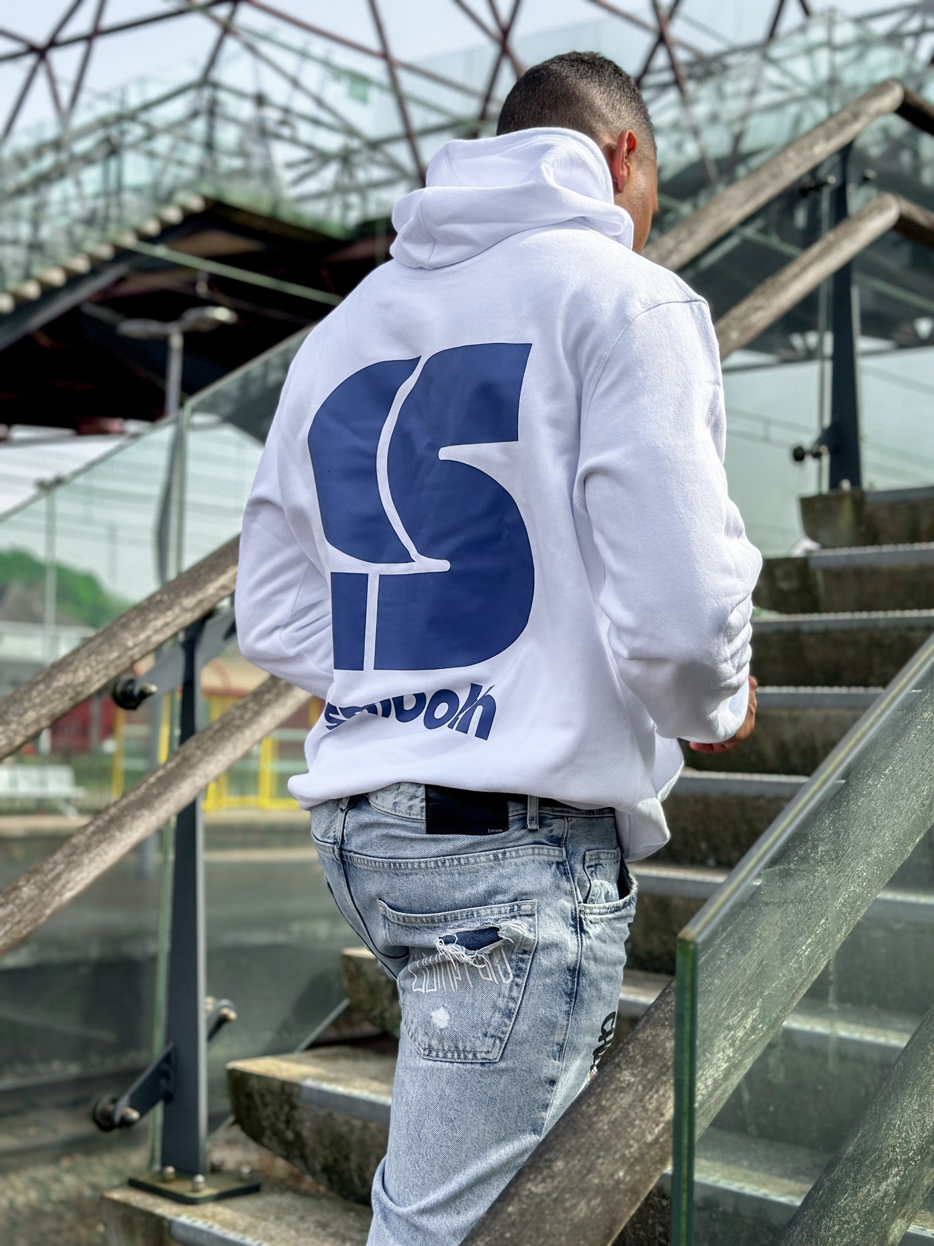 White Hoodie / S Logo Blue Front+Back Men