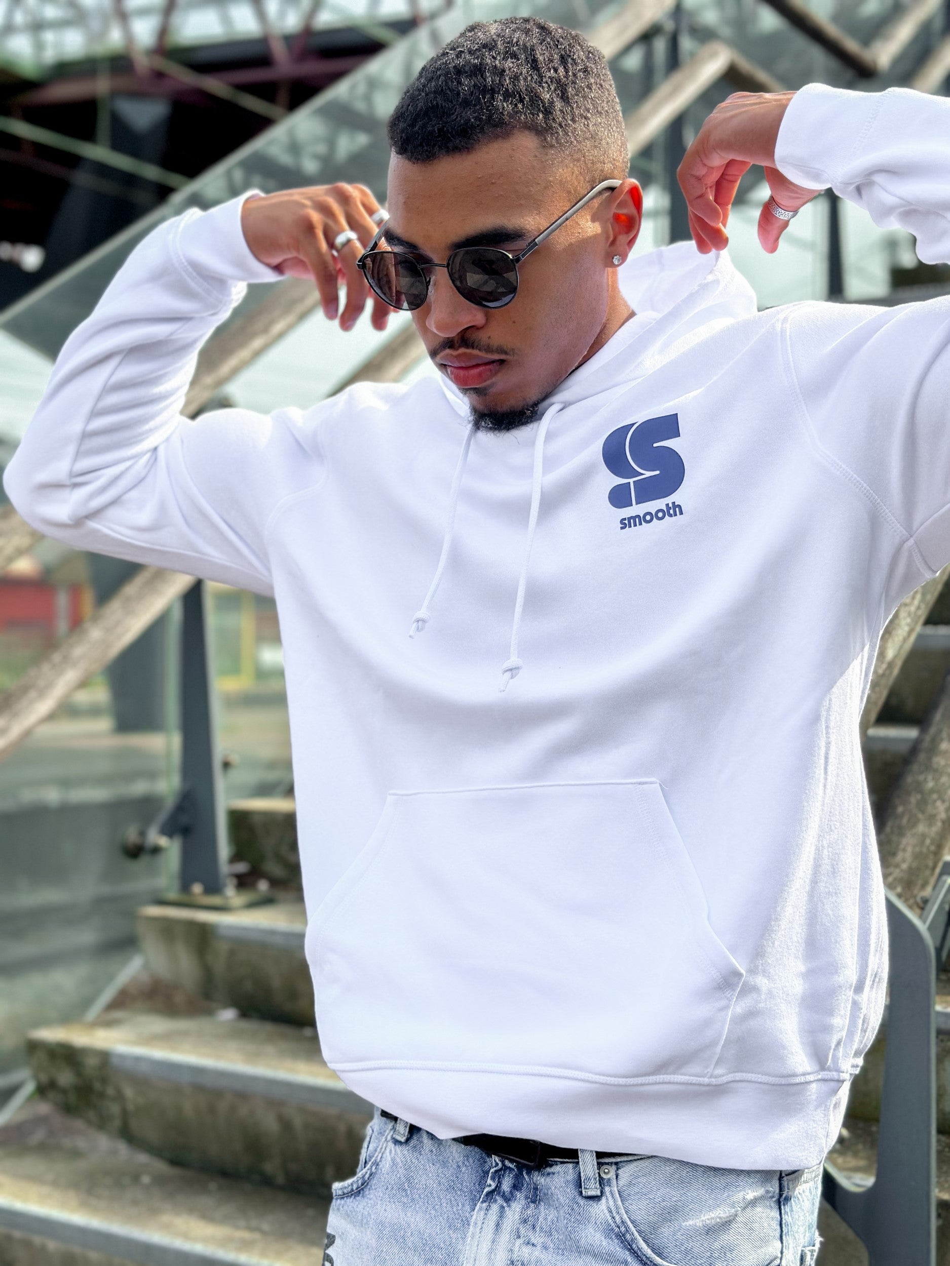 White Hoodie / S Logo Blue Front+Back Men