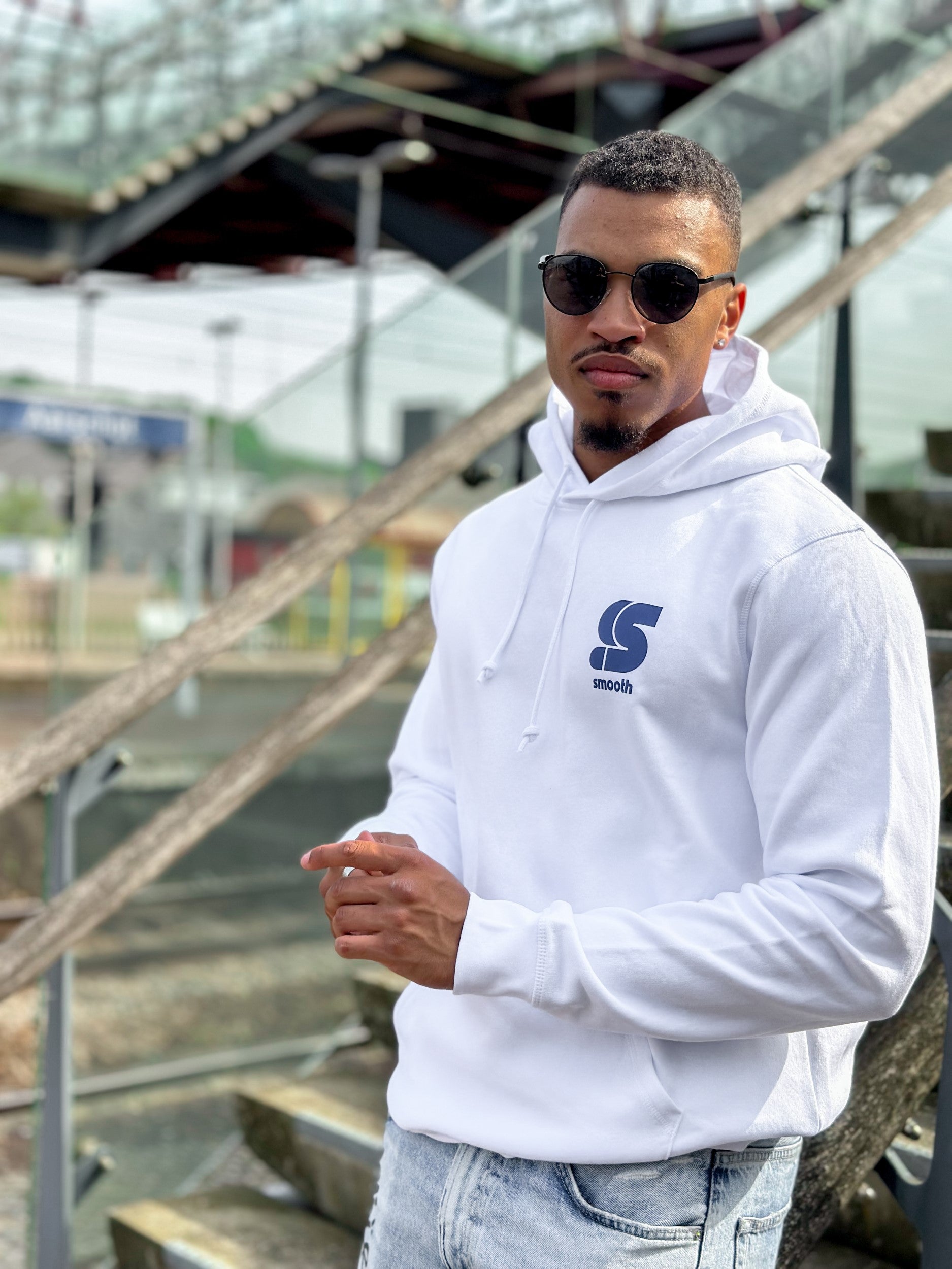 White Hoodie / S Logo Blue Front+Back Men