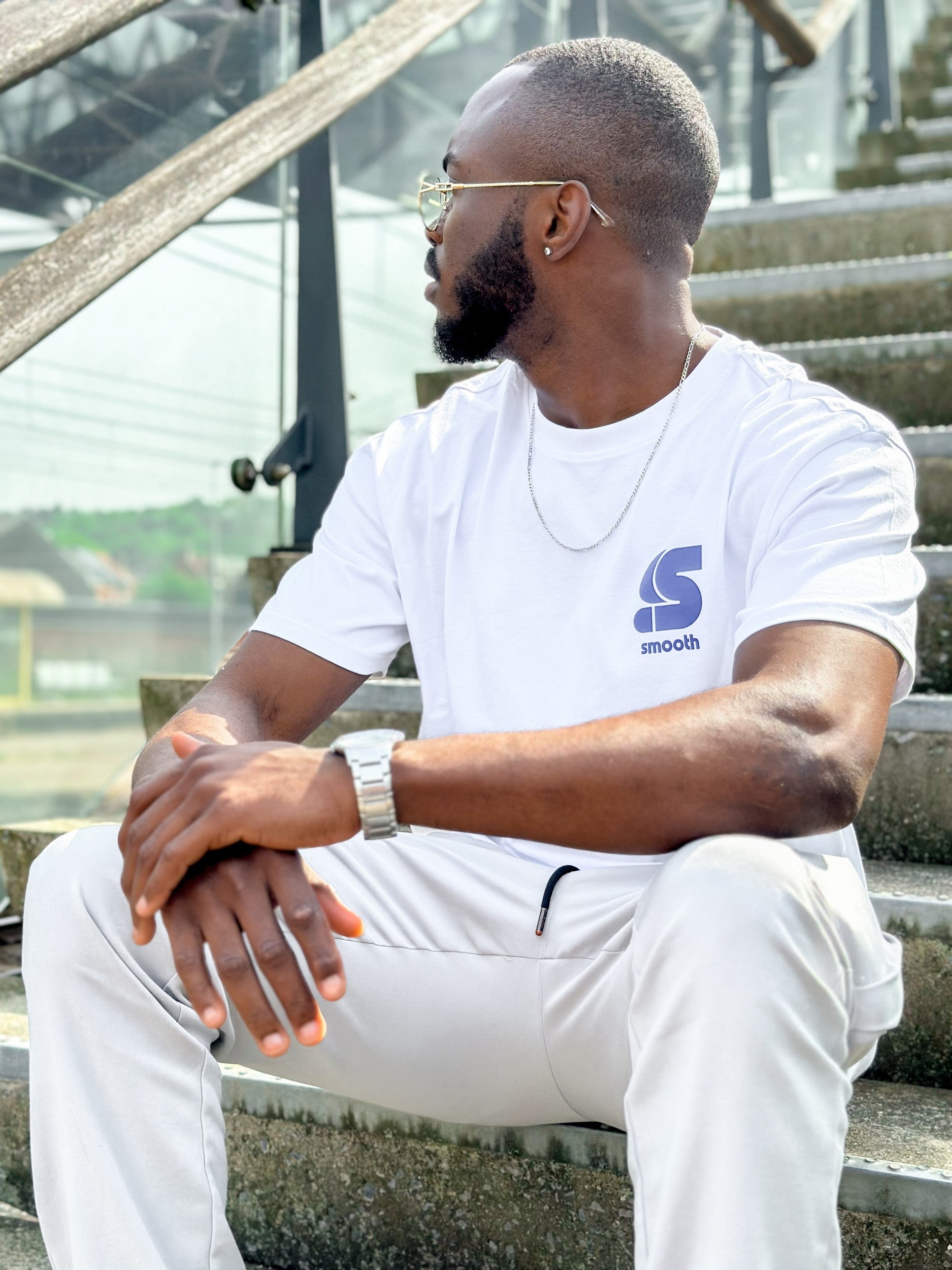 Heavy White T / S Logo Blue Front+Back Men