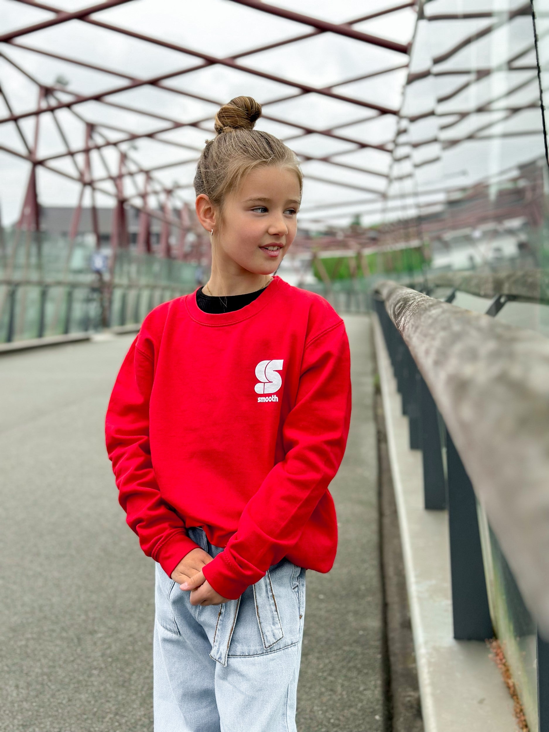 Red Kids Crew / S Logo White Embroidered Girls