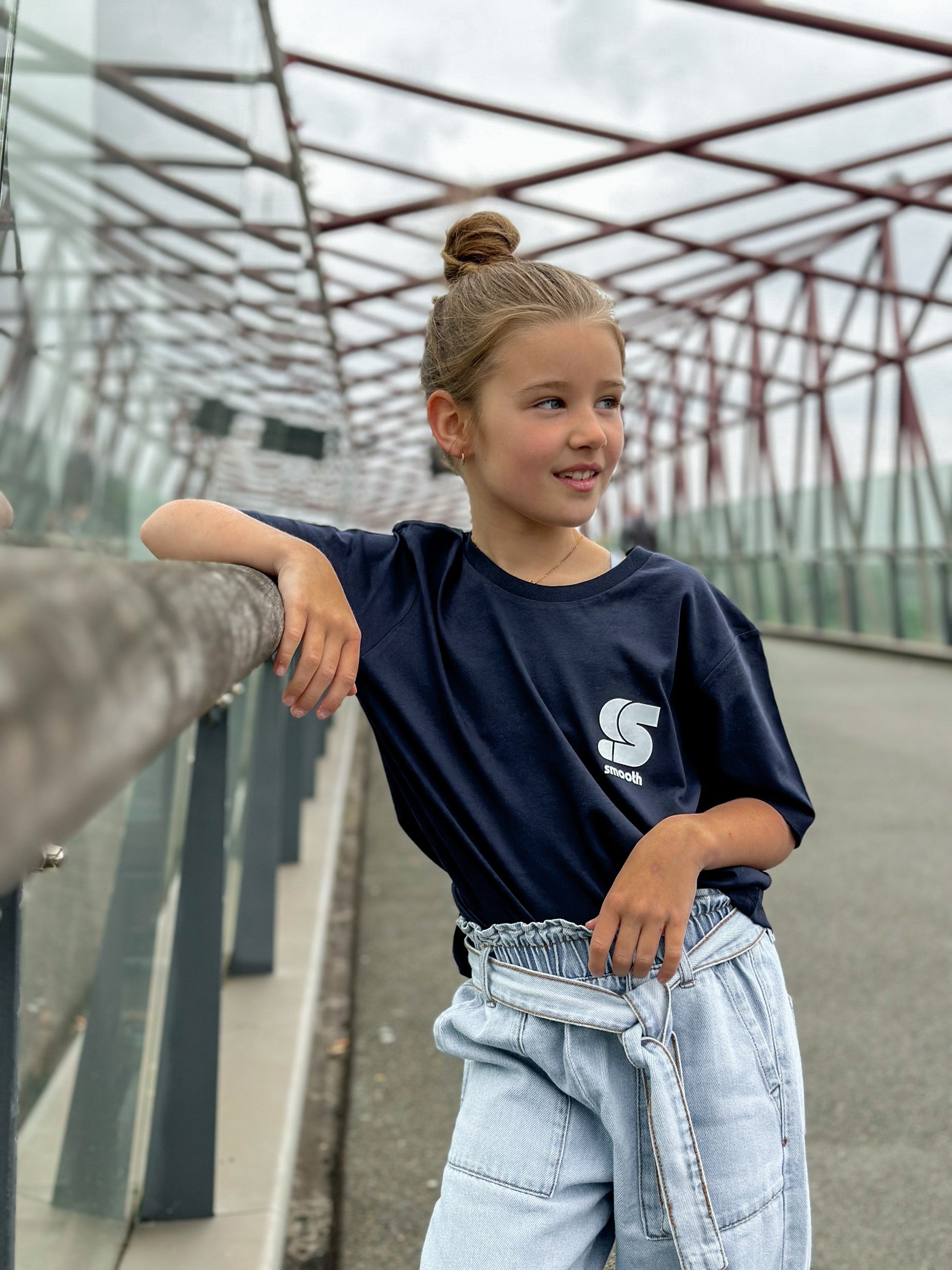 Navy Kids T / S Logo White Front+Back Girls