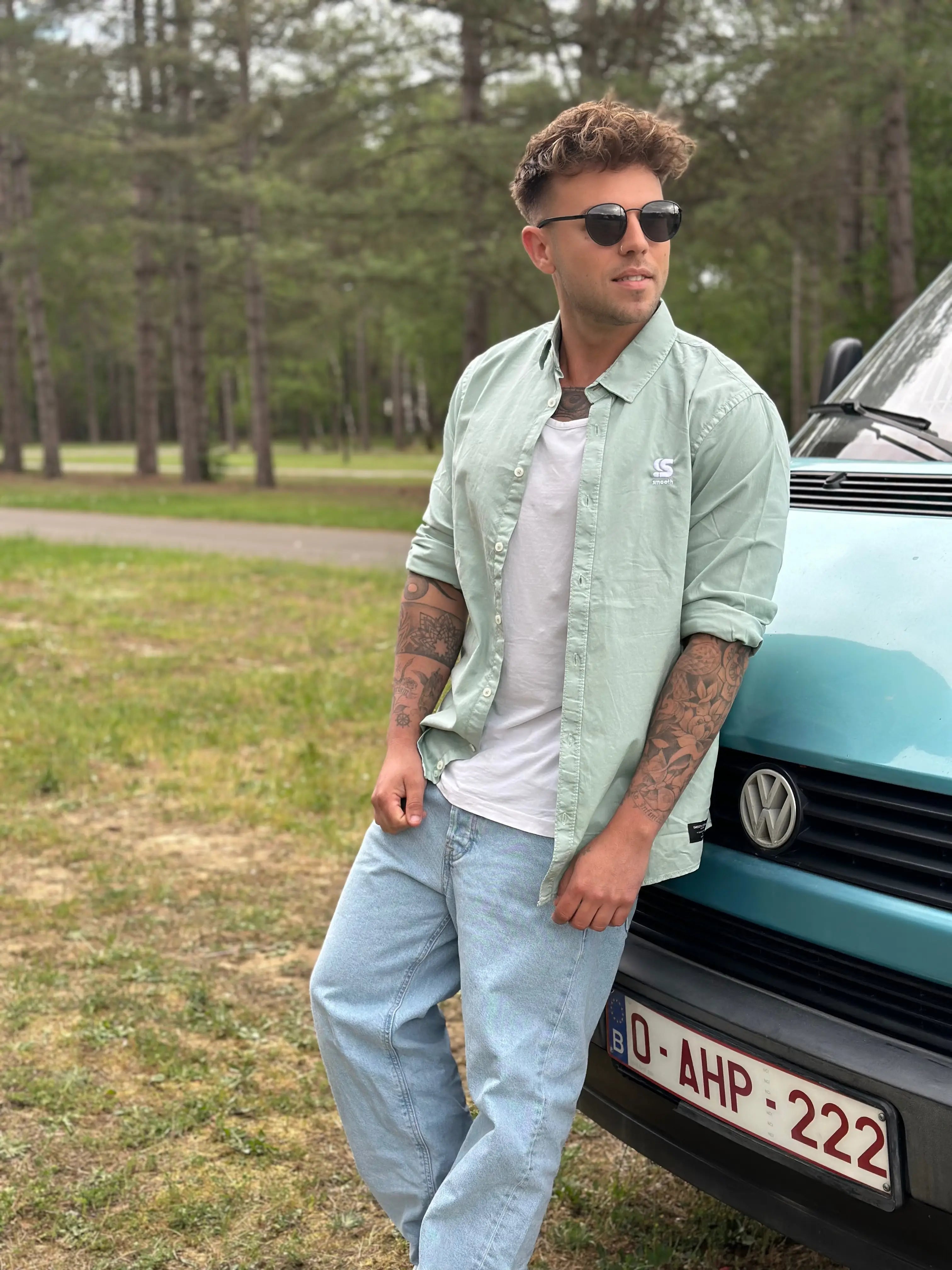 Washed Dusty Green Shirt / S Embroidered White Men